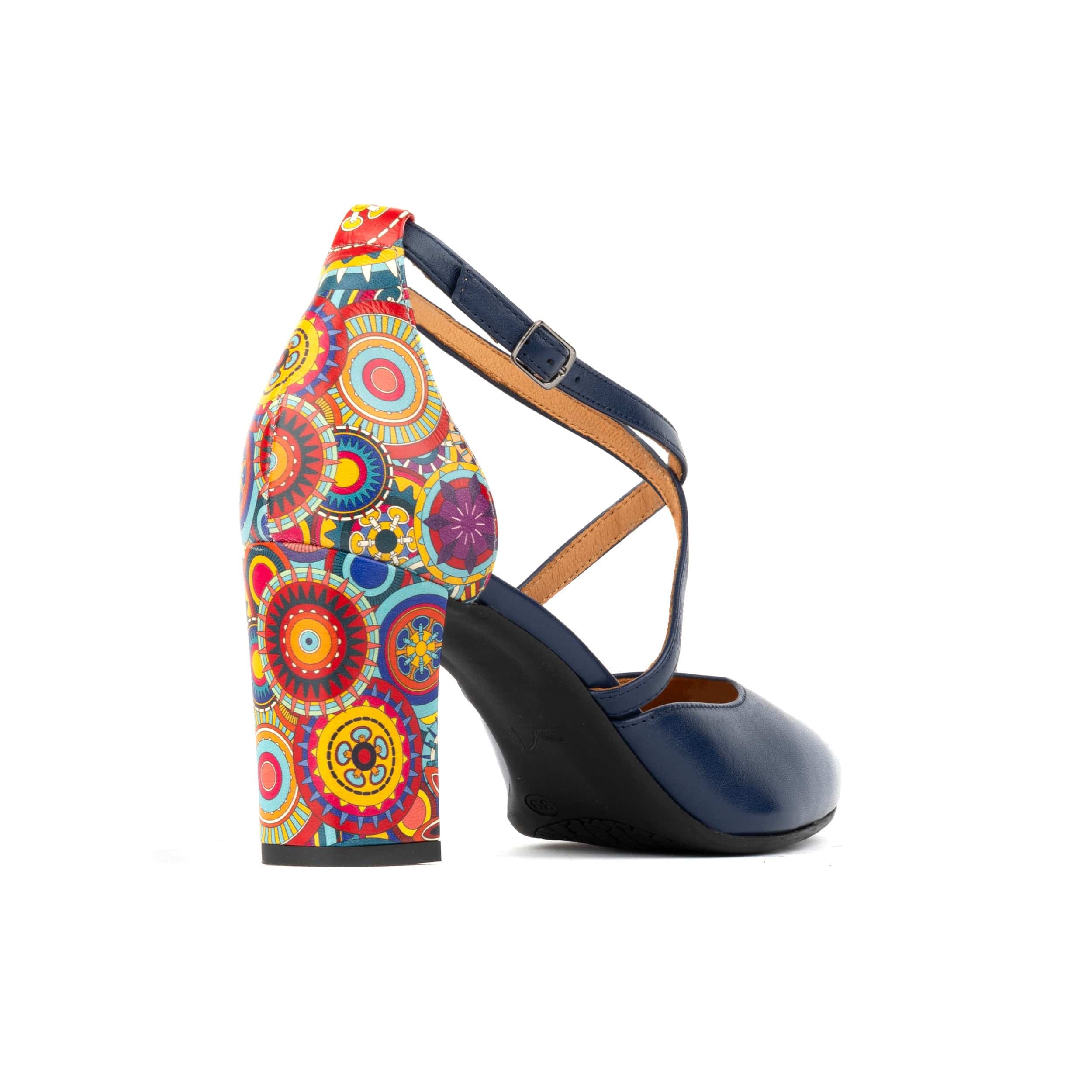Kylie - Navy & Signature Print - Women's leather strappy 3 inch block heel in navy