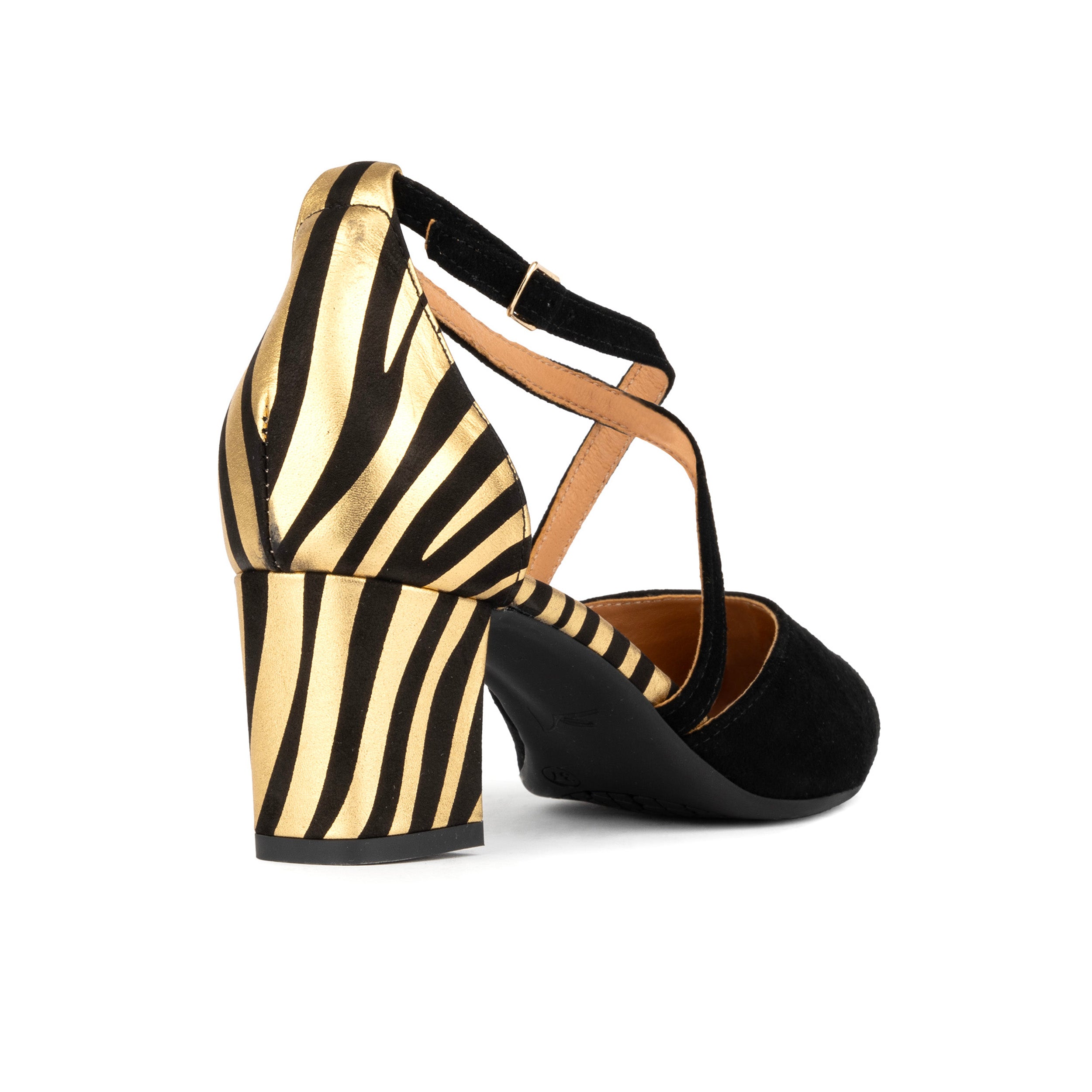Dannii - Black & Gold Stripes - Women's leather closed-toe block heel with gold foil details