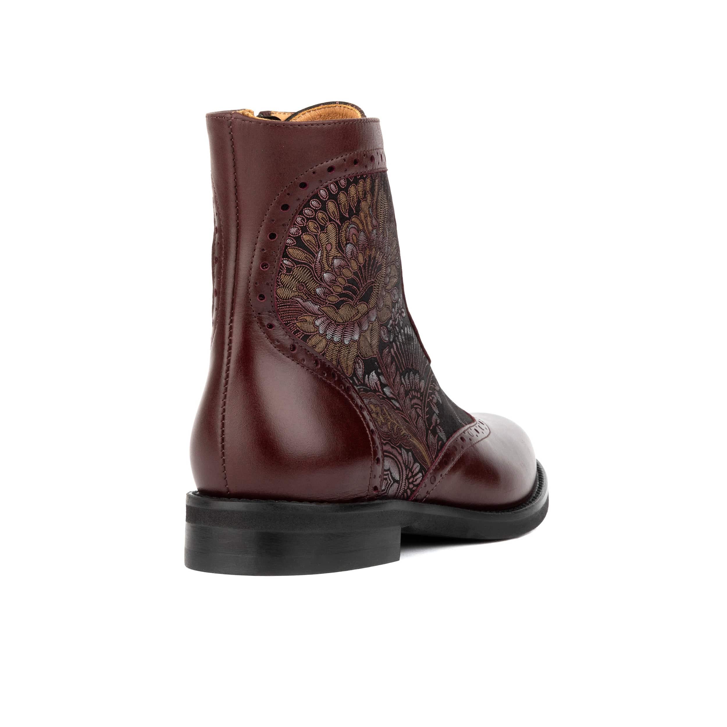 Mantis - Floral & Burgundy - Women's above-the-ankle lace-up boot with brogue & paisley detailing