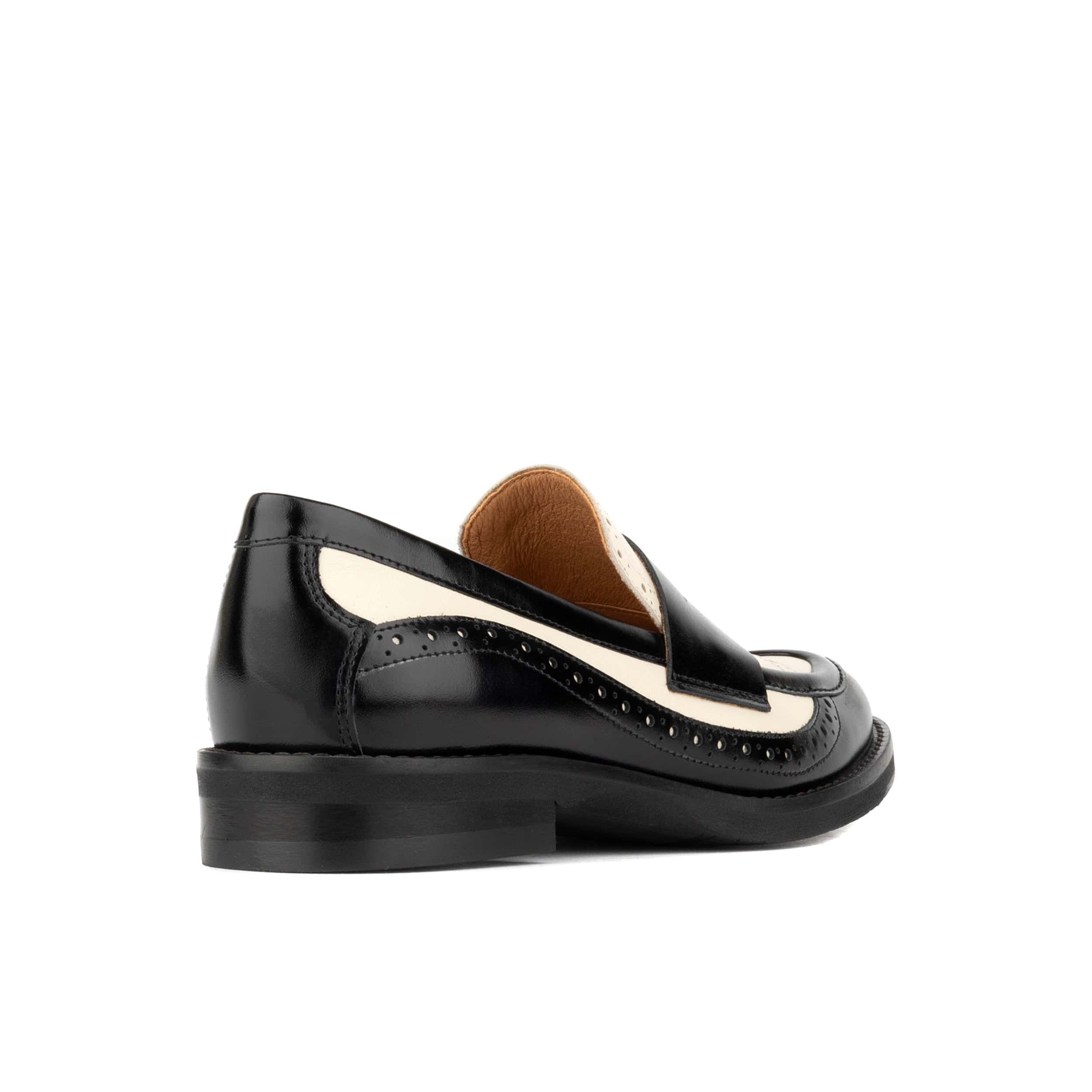 Angelina - Black & Cream - Women's leather almond toe penny loafer with broguing