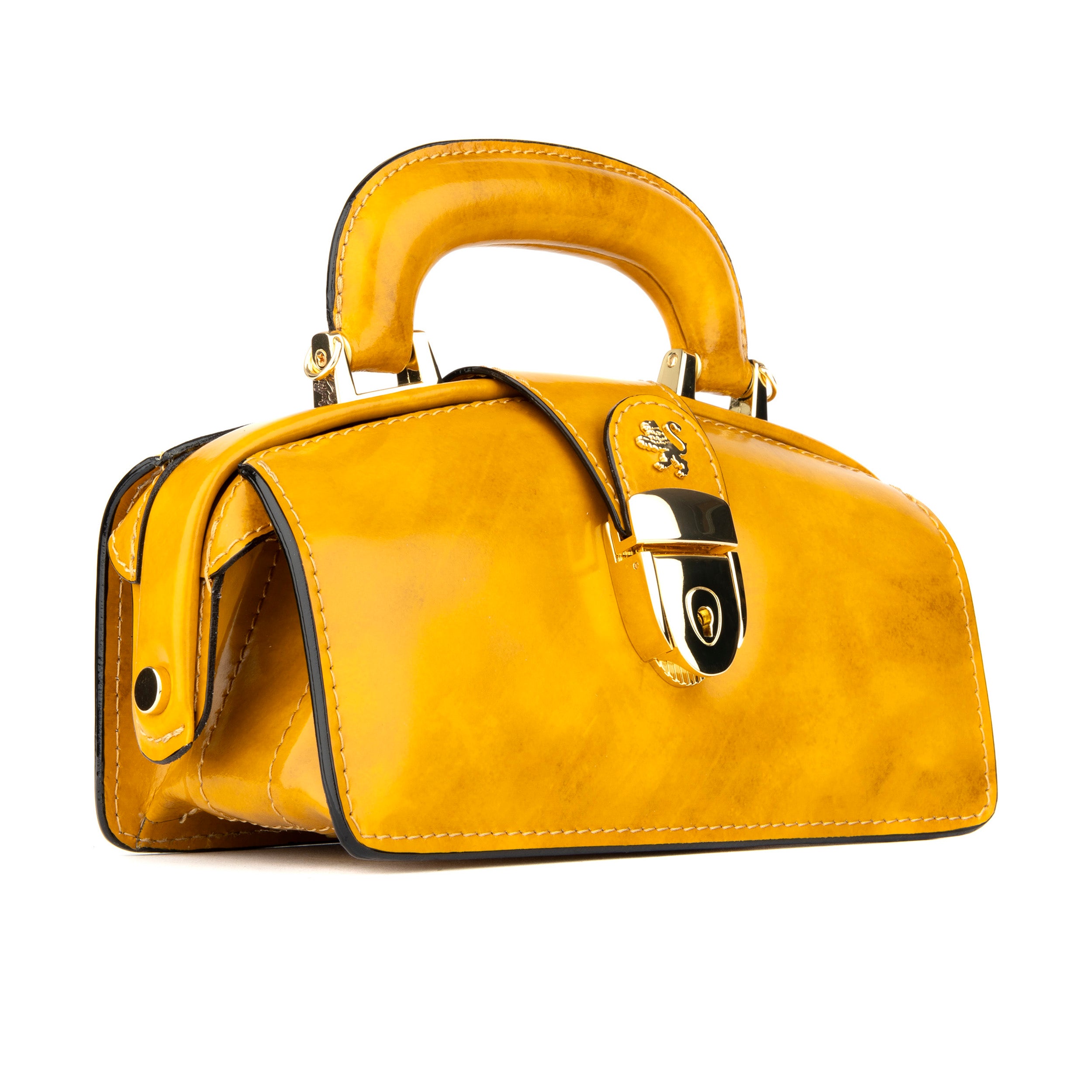 Gazelle Mini - Mustard - Women's mini patent clutch bowling bag with handle and strap