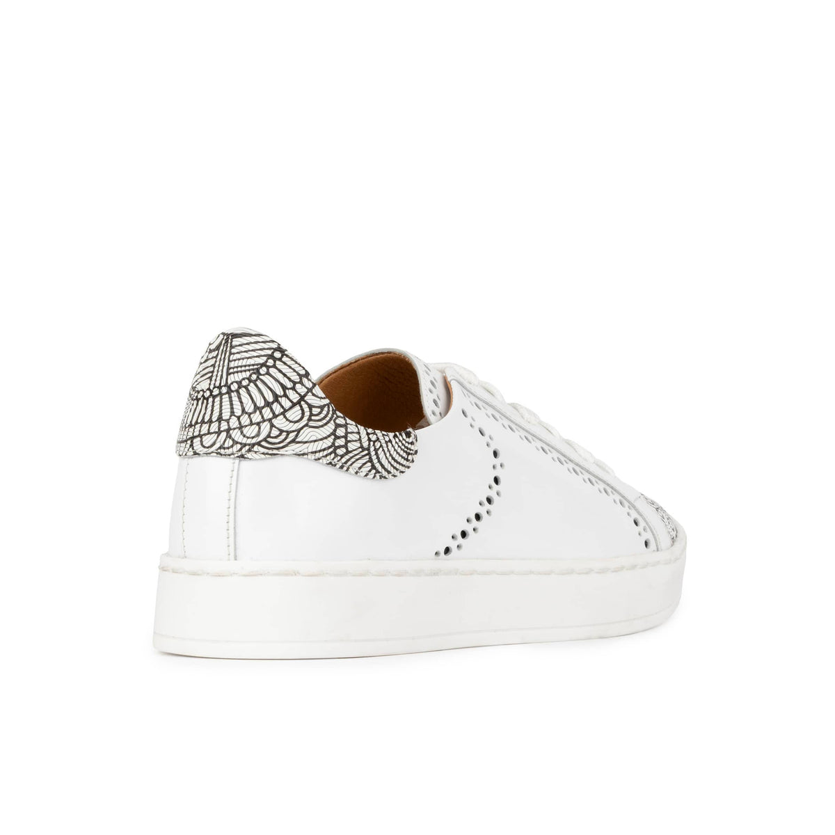 Serena - Black & White & Graphic Print - Women’s Leather Trainer with Brogue Details
