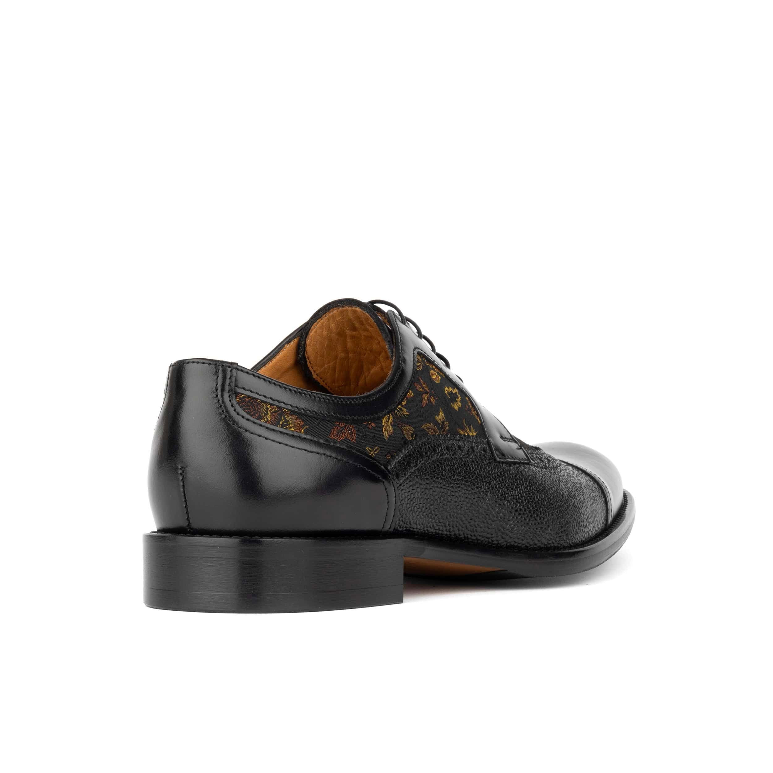 Orlando - Black & Yellow Flowers - Men's toe cap dressy black shoe with flower print leather