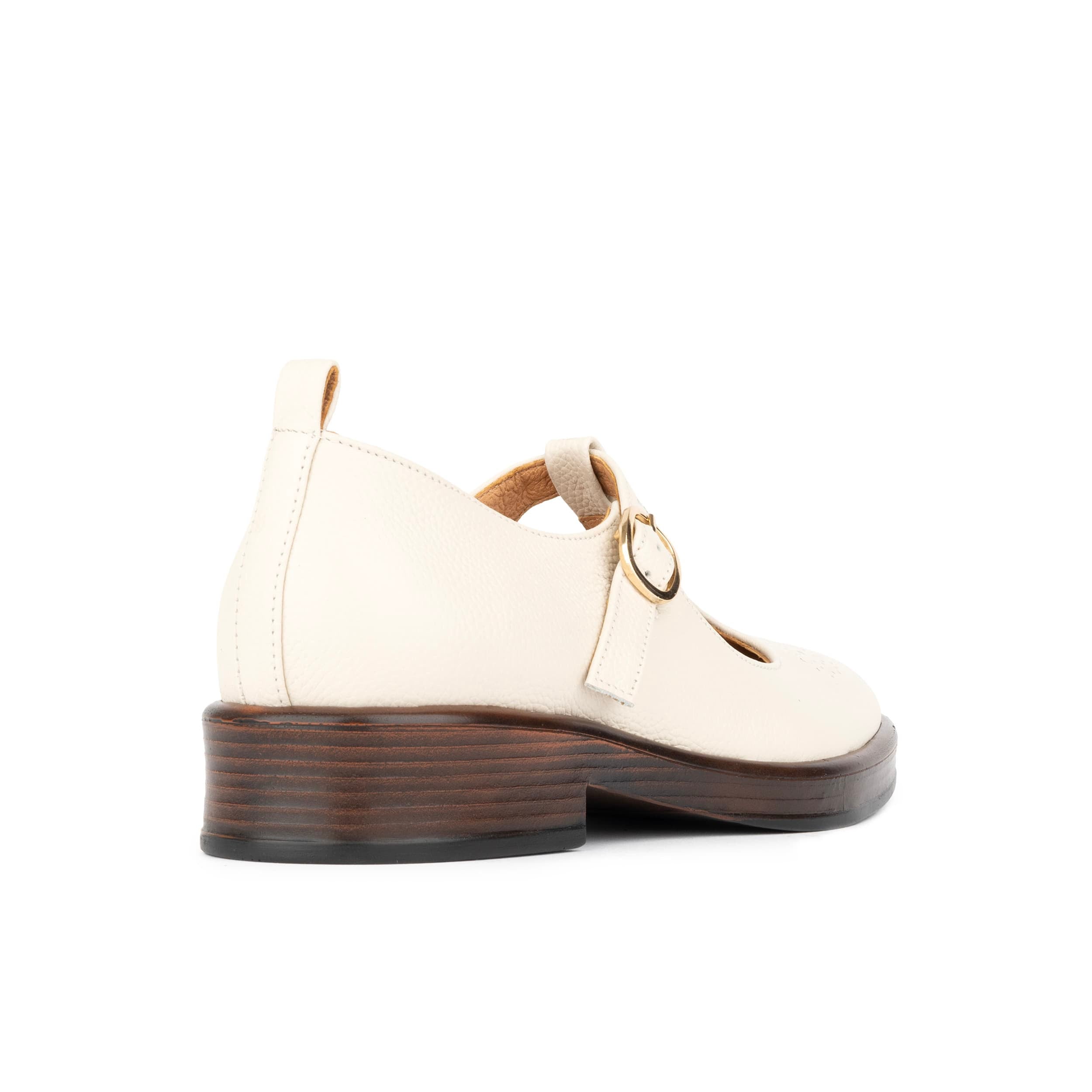 Bloom - Cream - Women's Textured Leather T-Bar Shoe with Brogue Detail