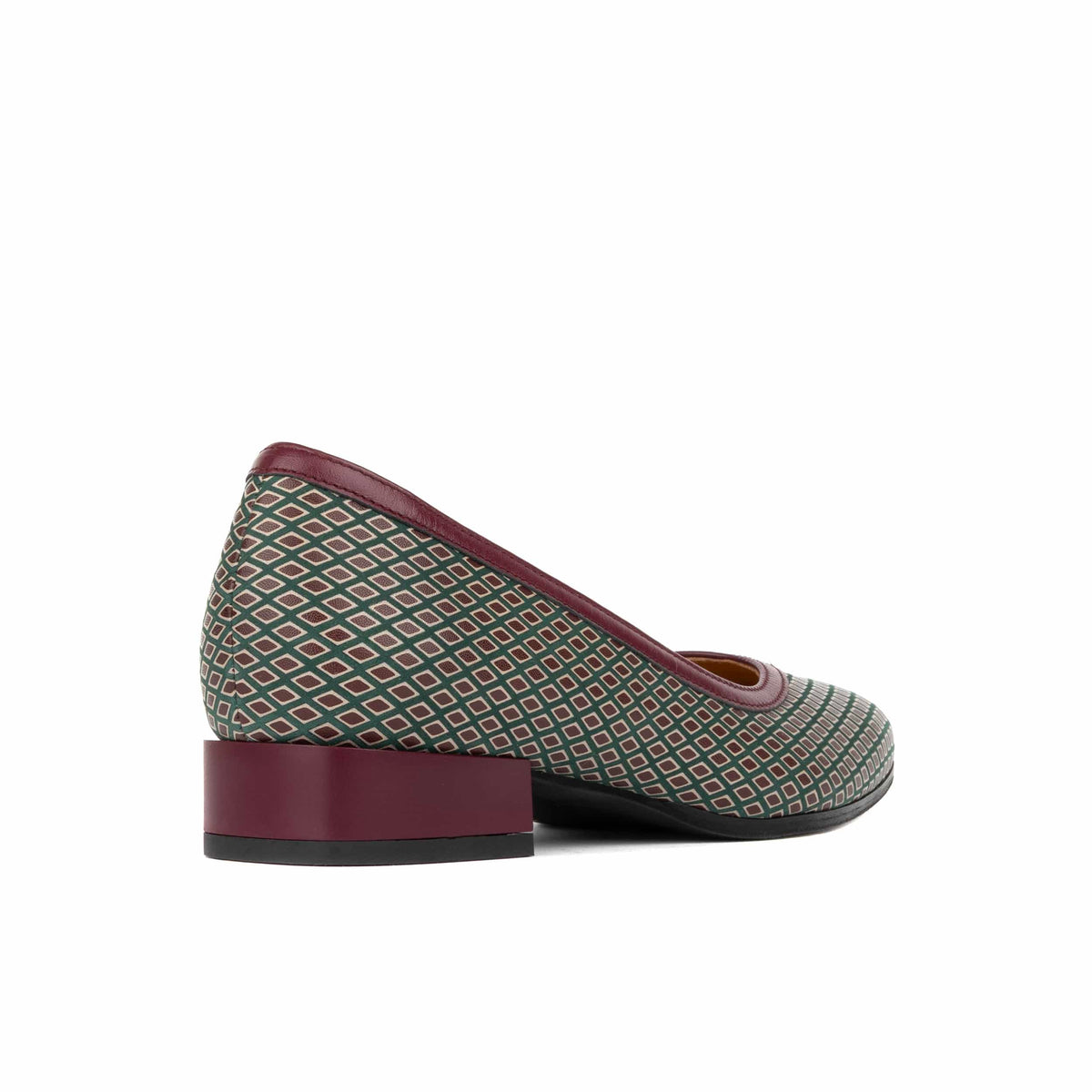 Nirvana - Burgundy & Green Diamond - Womens leather block heel ballerina pumps