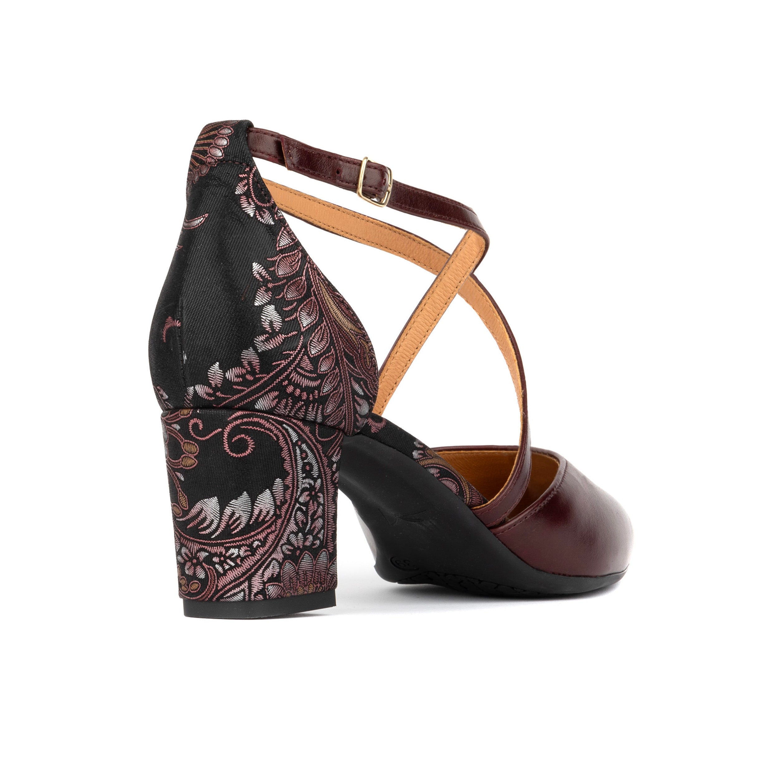 Danni - Burgundy & Floral - Women's leather closed-toe block heel