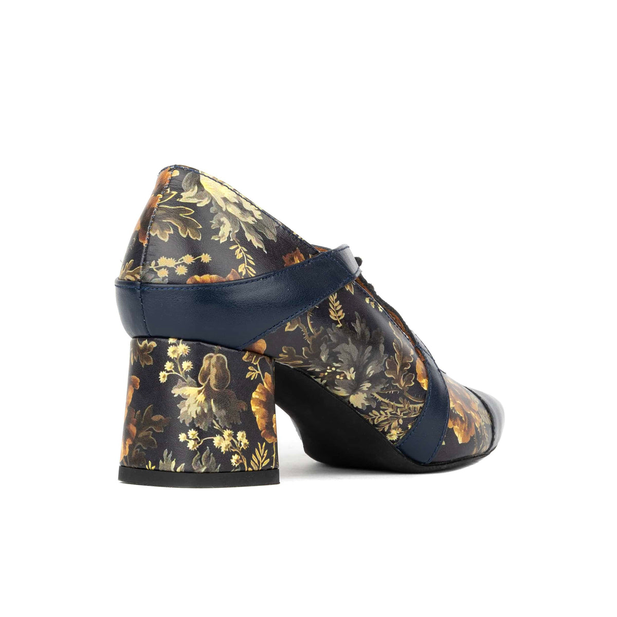 Harlowe High - Navy & Autumn Bloom - Women's leather block heel pumps