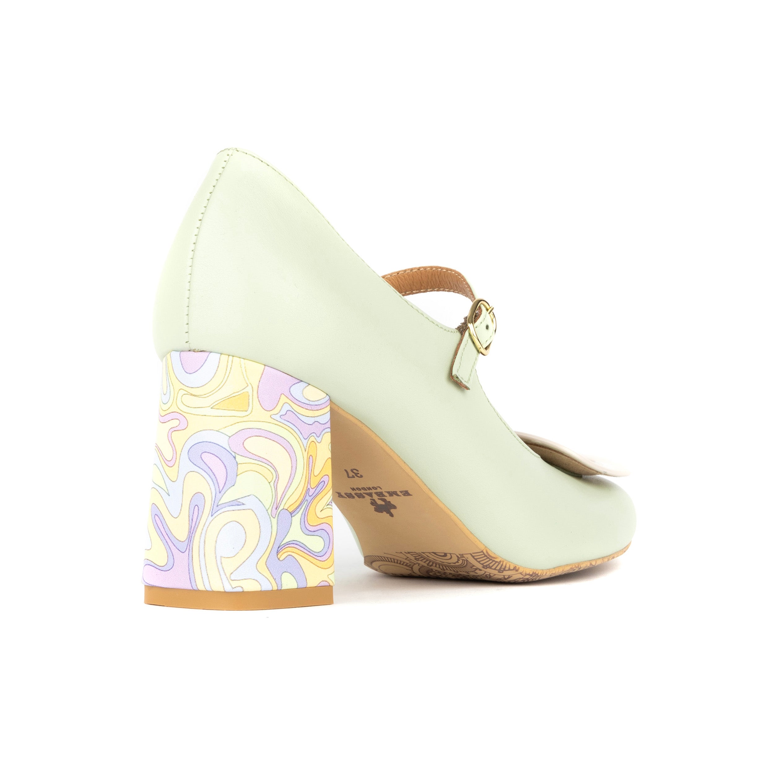 Button - Mint & Multi Pastel Print - Women's Leather Round-toe Mary Jane Pump with Block Heel
