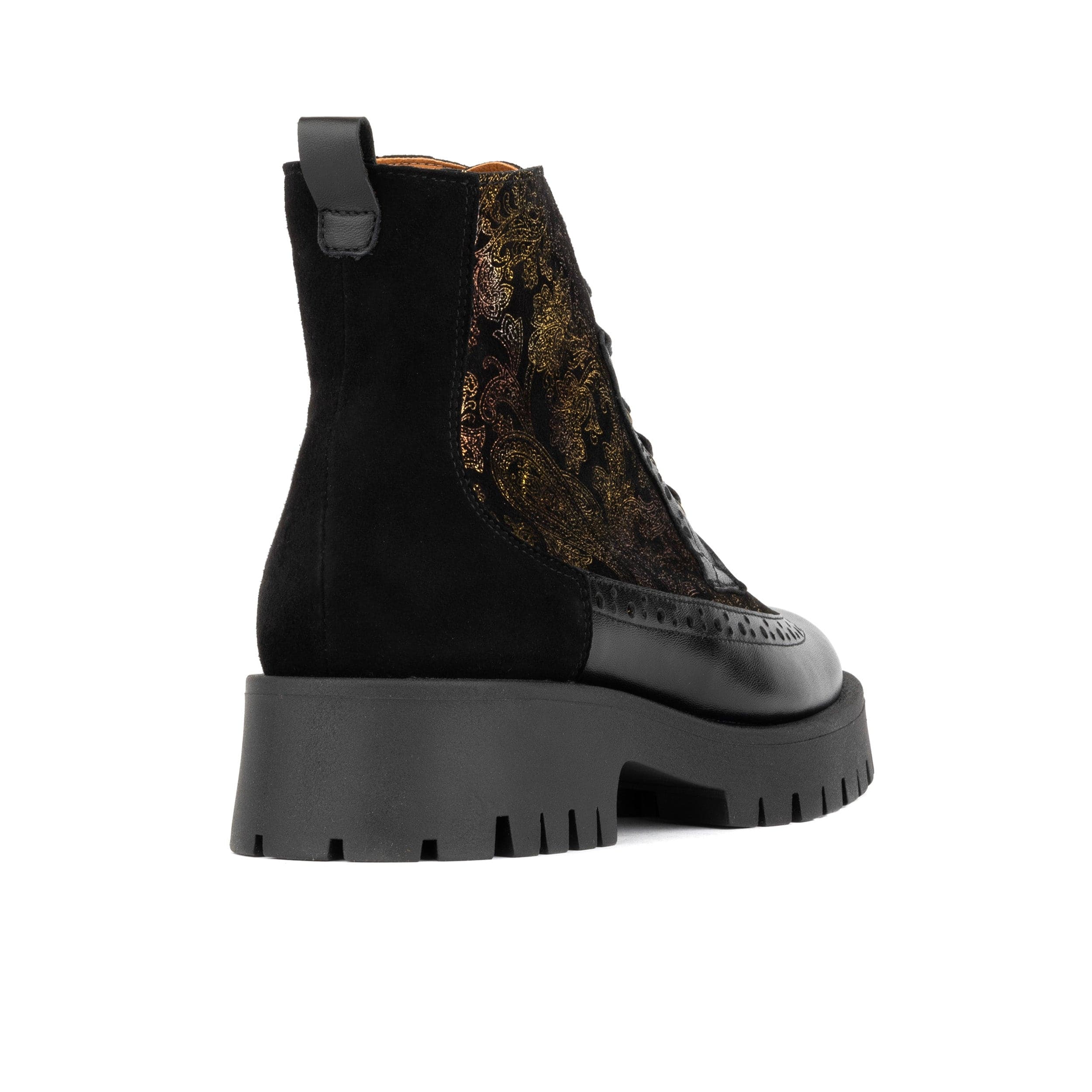 Hatter Platform - Black & Floral - Women's Leather ankle Lace-up Boot with chunky cleated sole