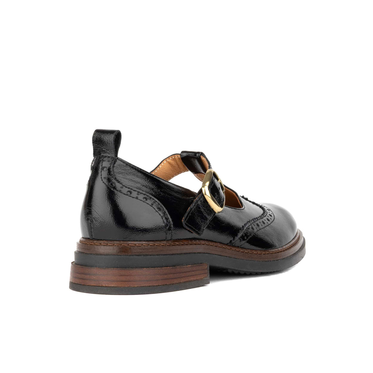 Miley - Black Women's Leather T-Bar Brogue Shoes