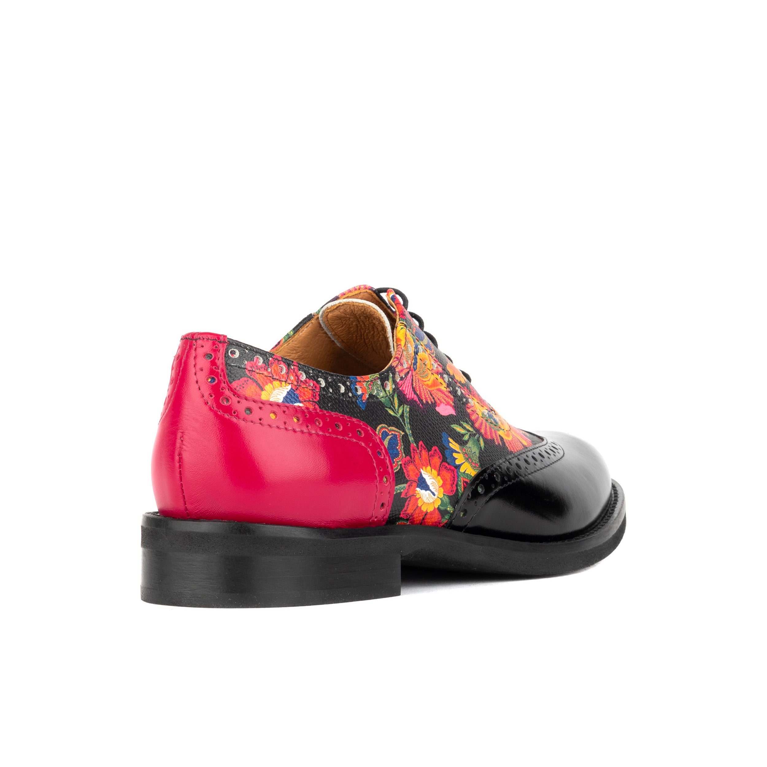 Vivienne - Black & Red Flowers - Women's oxford lace-up shoe with brogue details