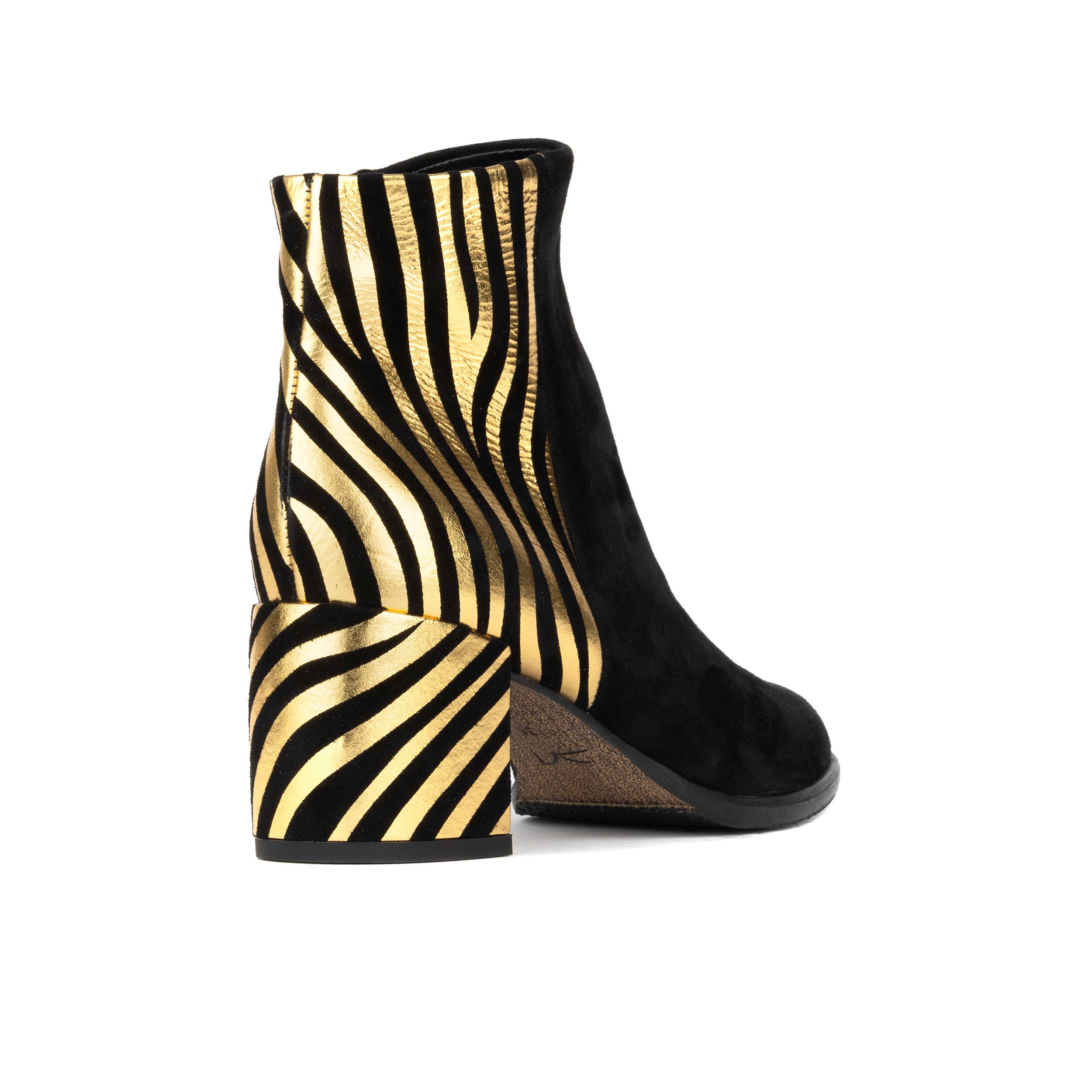 Impala - Black & Gold - Women's Suede Ankle Boot with Block Heel & Gold Foil Zebra Stripes