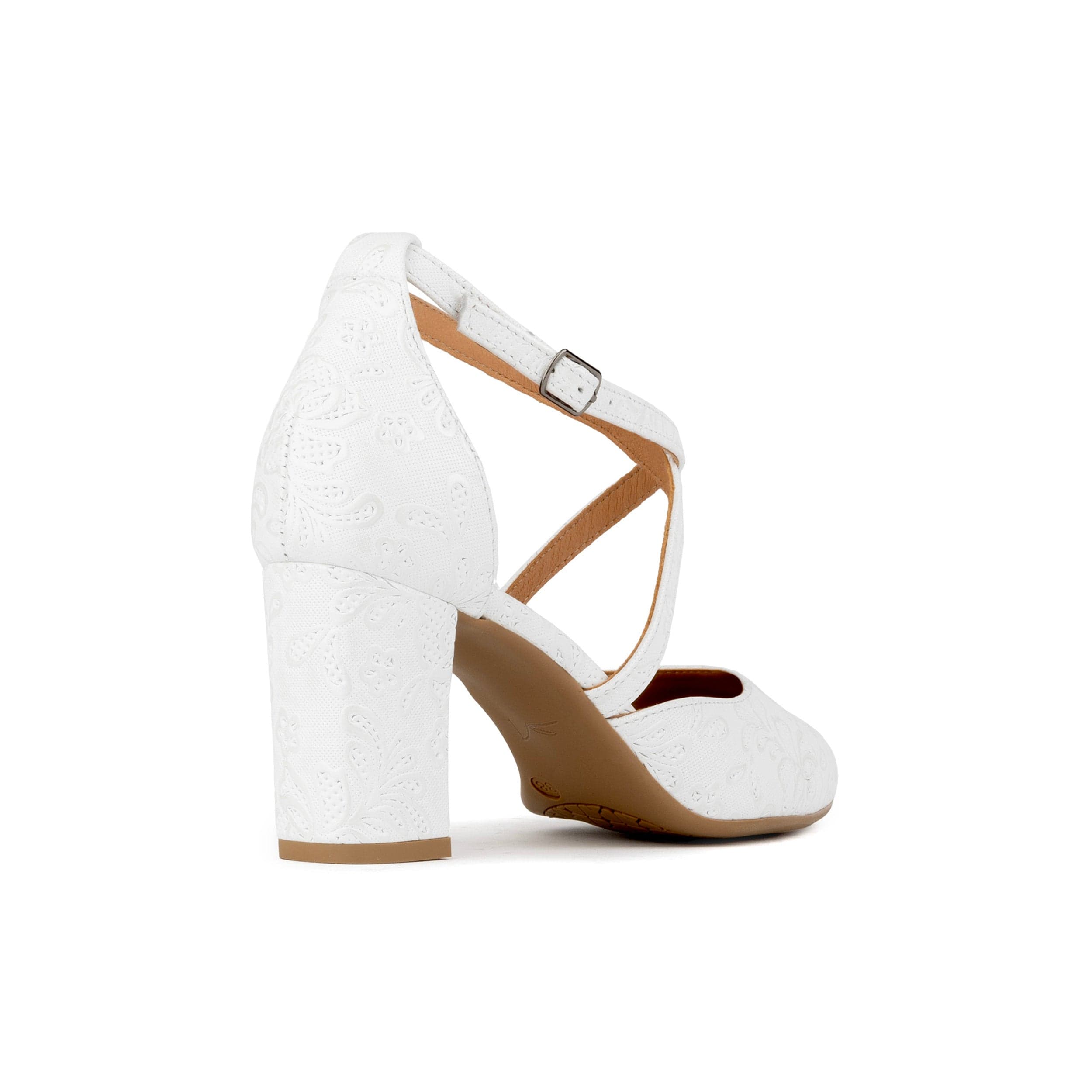 Kylie - Wedding White - Women's leather strappy 3 inch block heel in white floral emboss leather