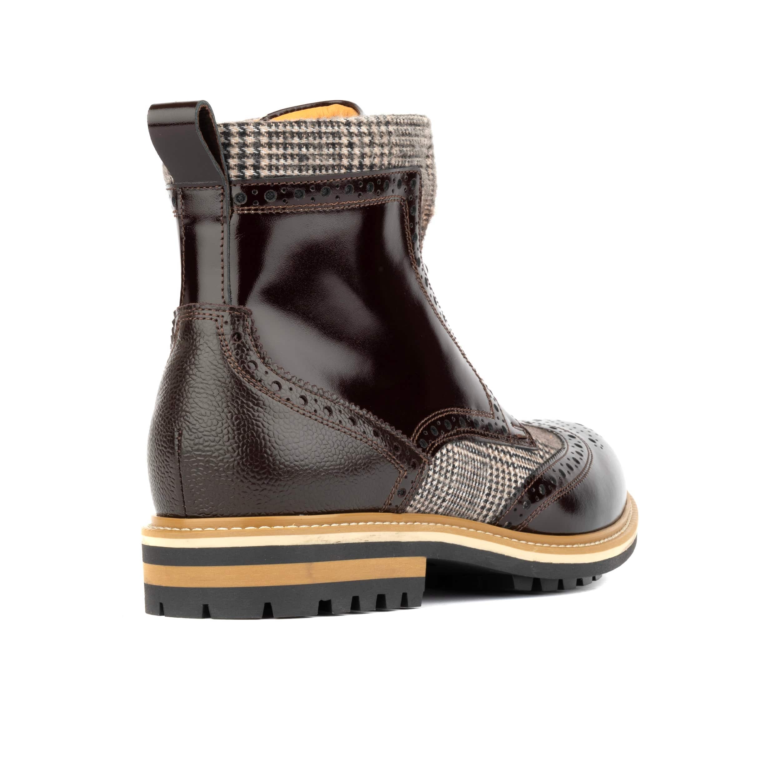 Wanderer - Brown Check - Men's leather combat style side zipper boot in brown