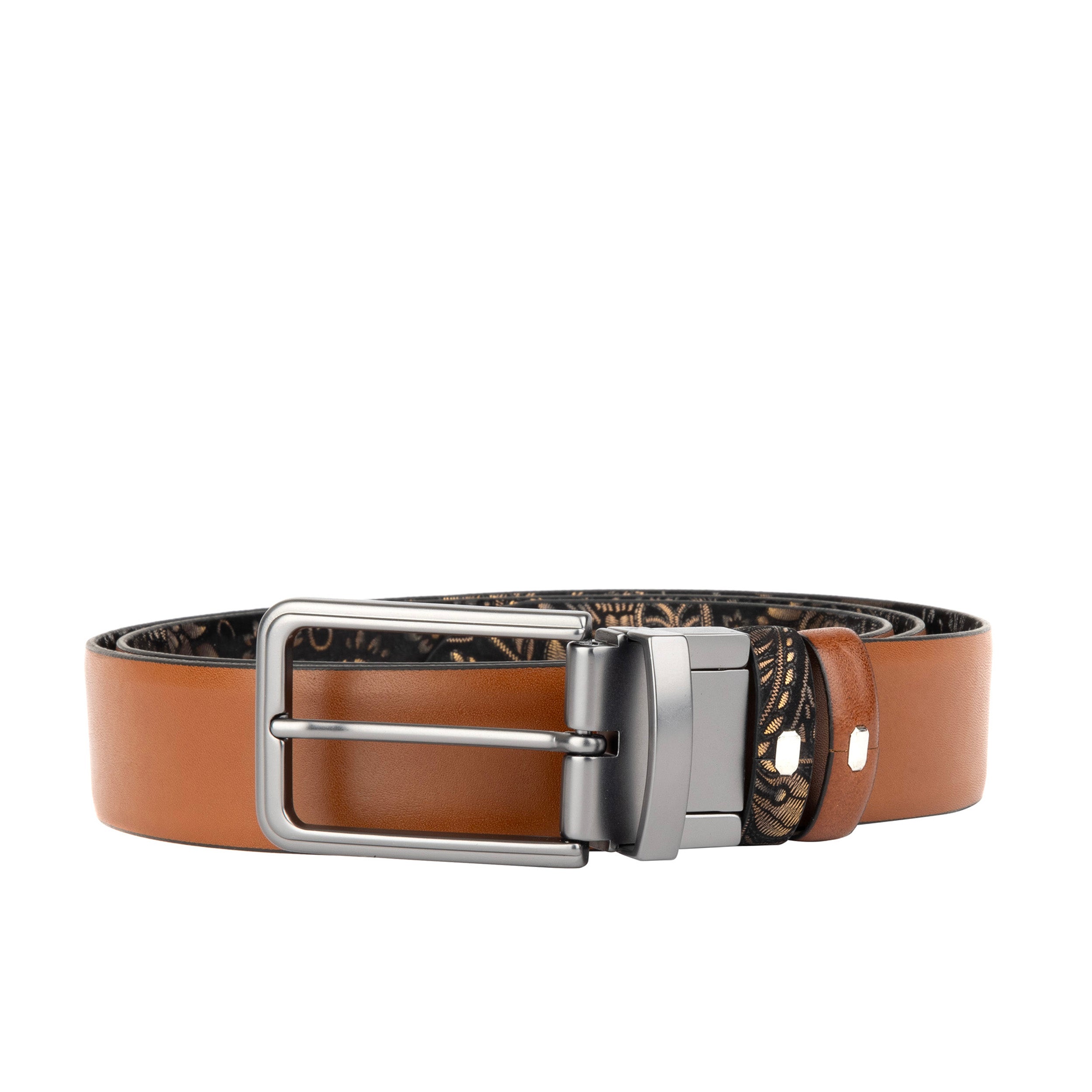 Reverse - Black & Gold Tan - Men's Leather Belt with gunmetal hardware