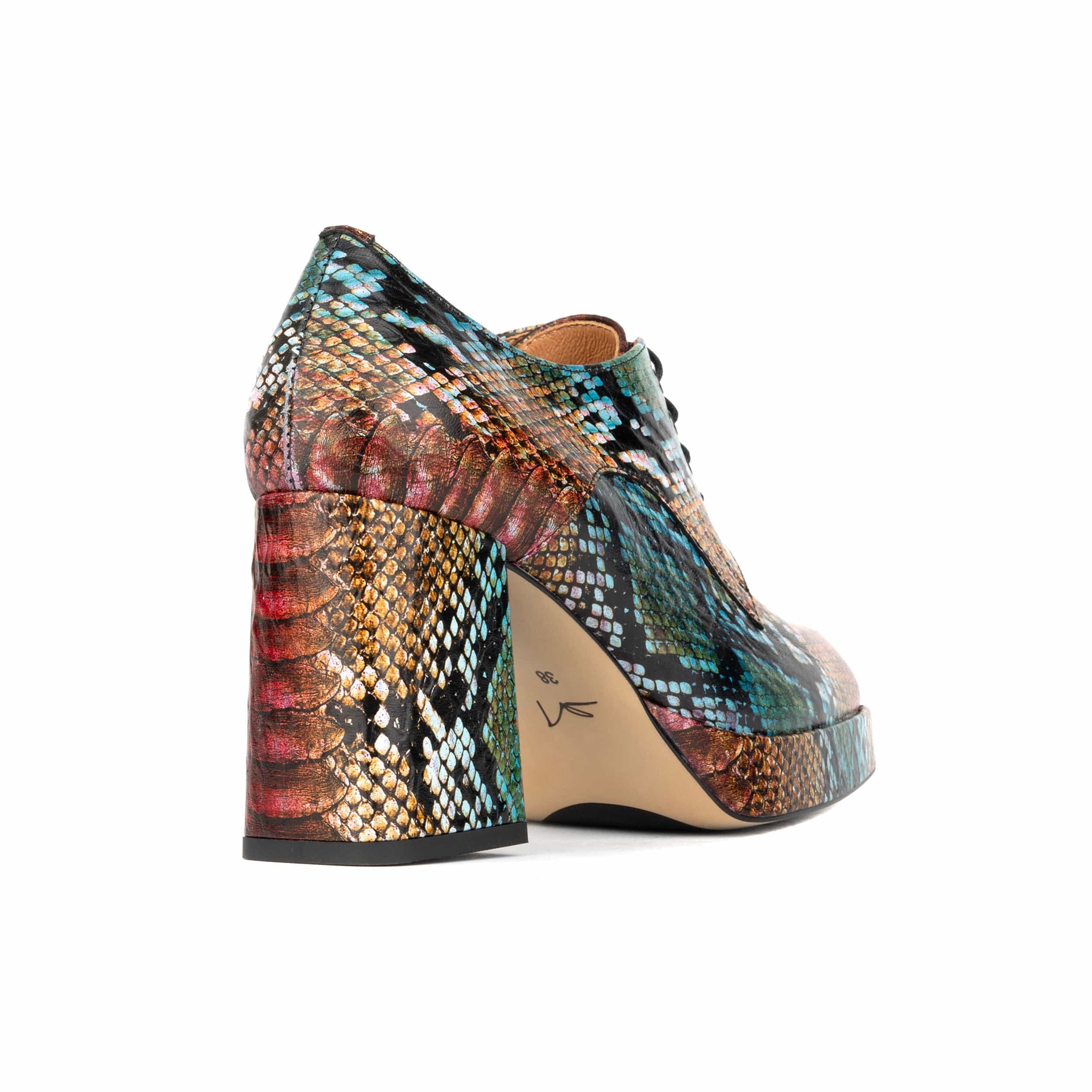 Roulette Platform - Green & Brown Snake - Women's leather oxford pump with platform and block heel