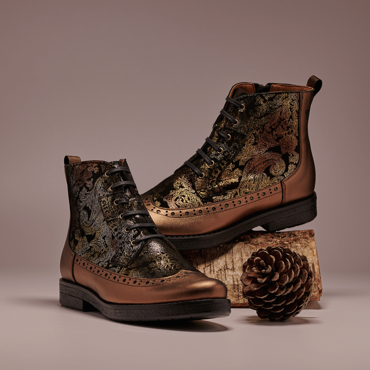 Hatter - Bronze & Floral - Women's Leather Ankle Lace-up Boot with bronze floral details