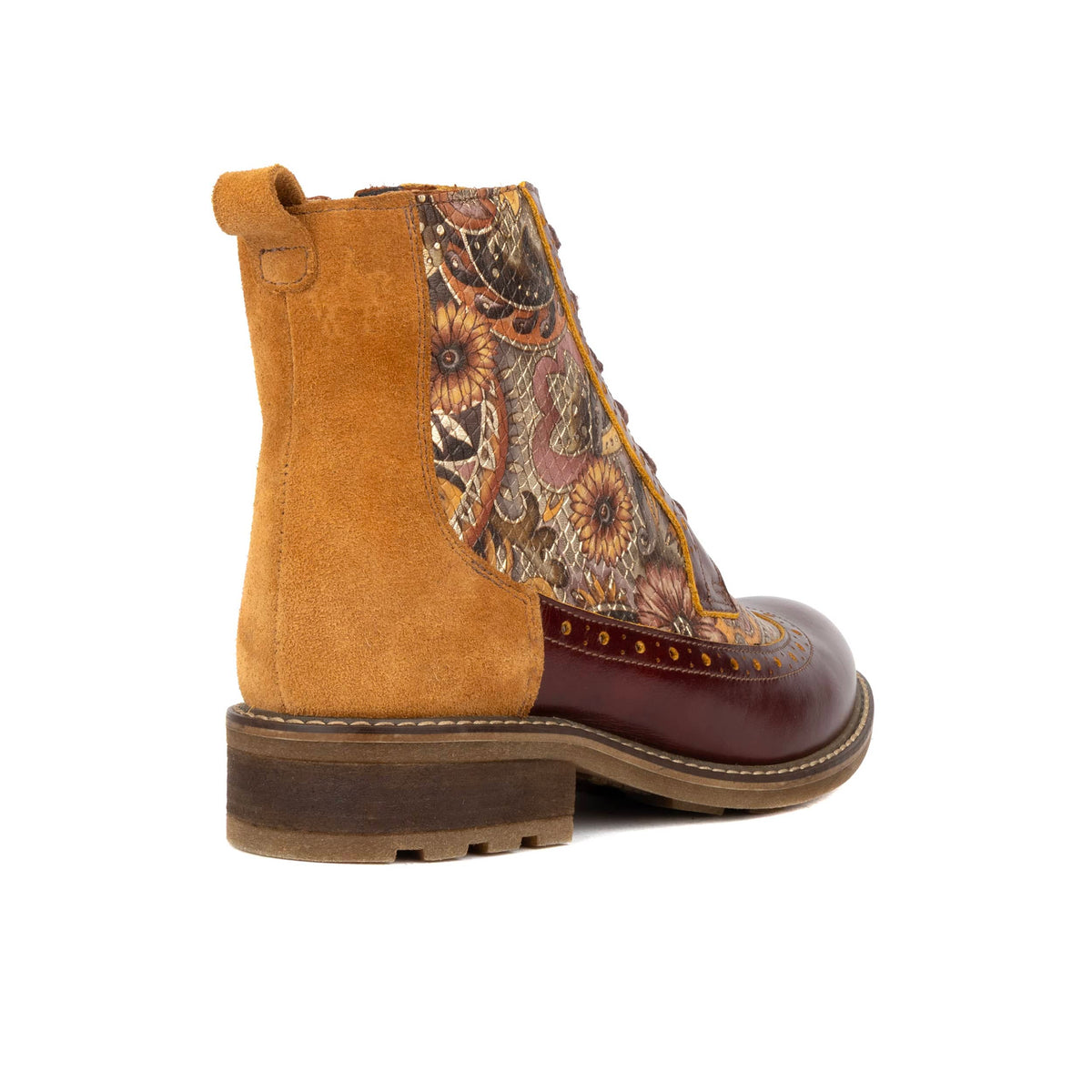 Milliner - Brown & Bronze Gold Flowers - Women's leather round toe rubber sole ankle boot in black