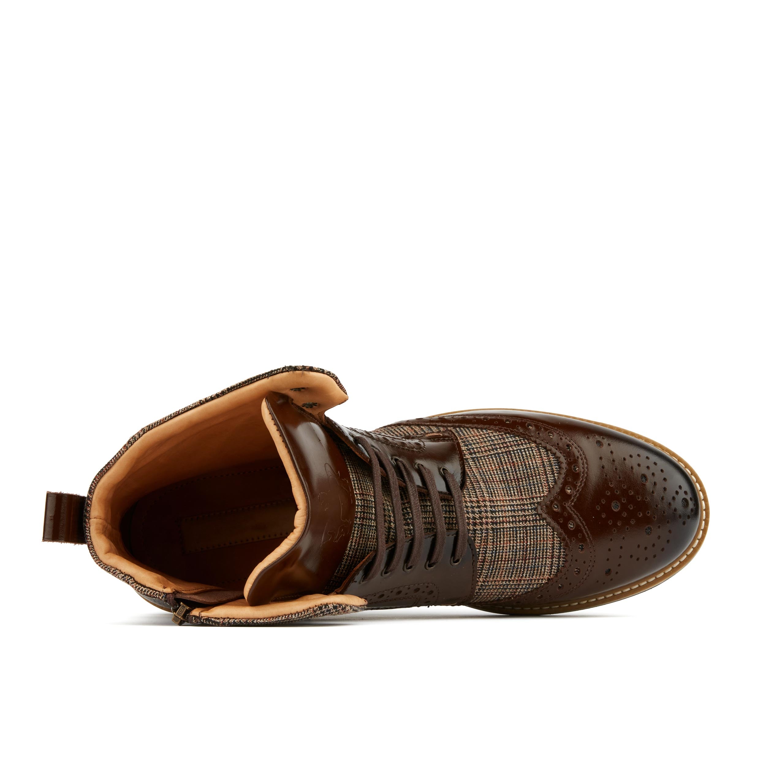 Wanderer - Brown Check - Men's leather combat style side zipper boot in brown