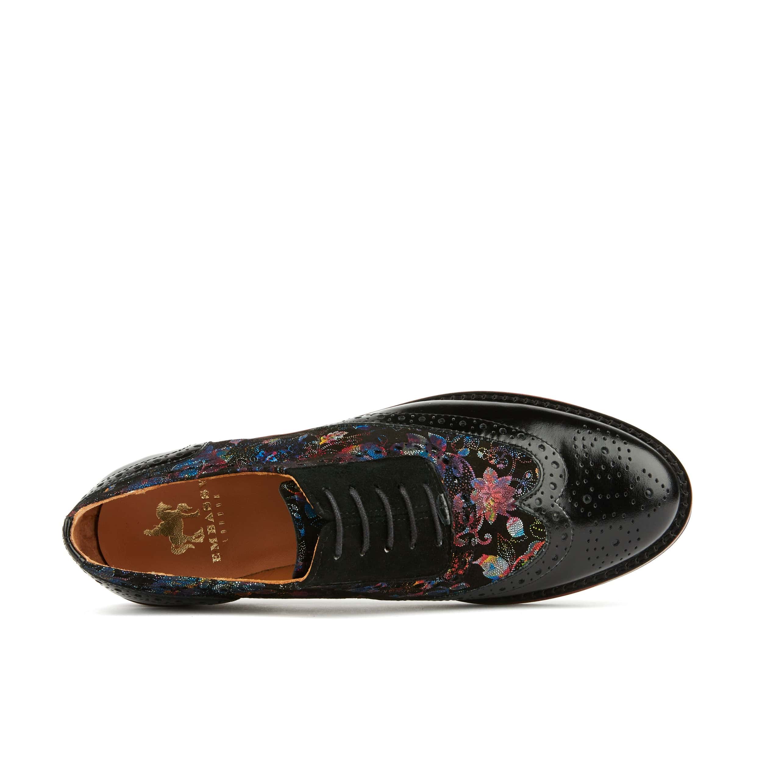 Vivienne - Black Flower - Women's oxford lace-up shoe with brogue details