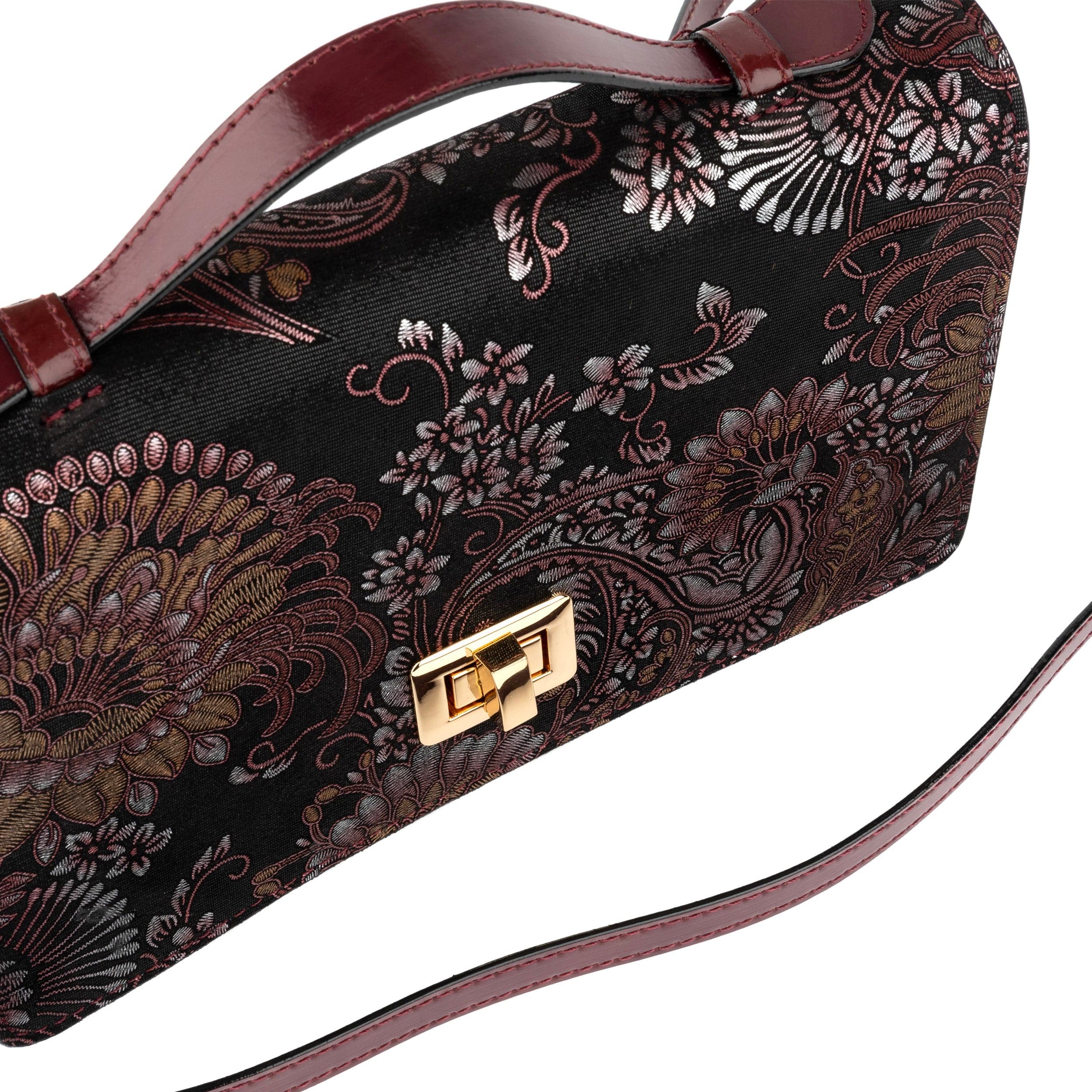 Envy - Floral & Burgundy - Women's leather flap clutch bag with strap