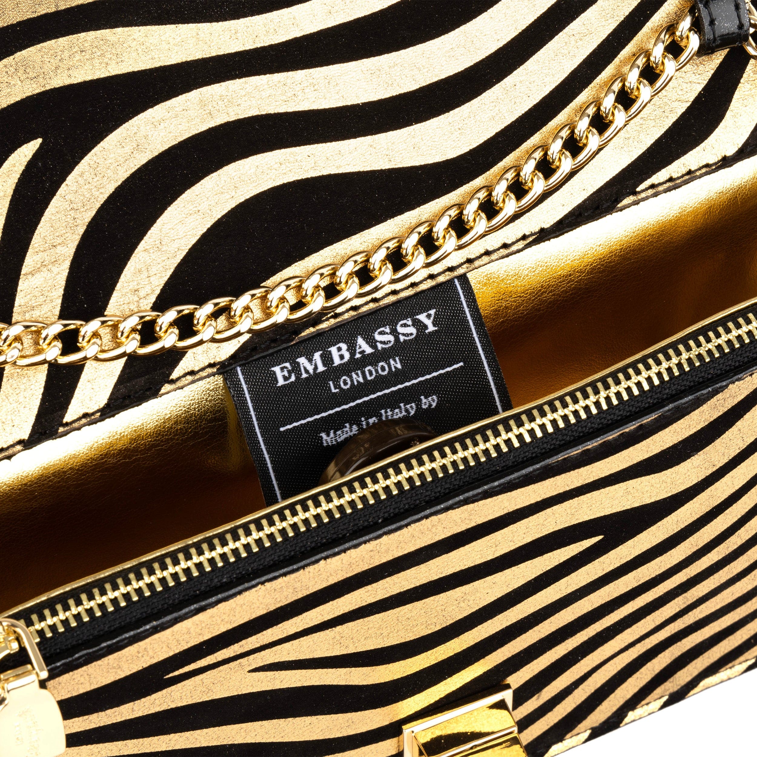 Envy - Black & Gold Stripes - Women's leather flap clutch bag with strap