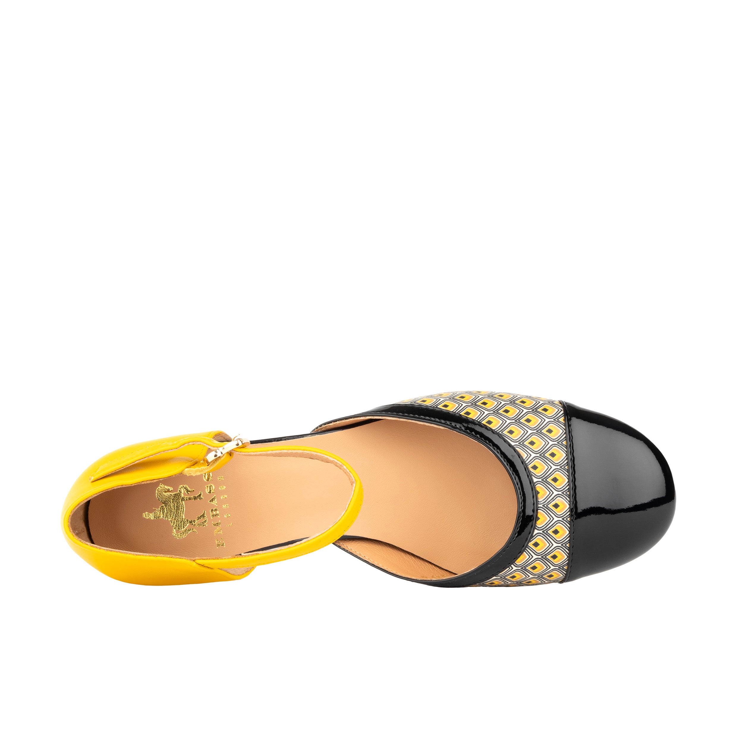 Kemi - Black & Yellow - Women's Leather Almond-Toe Block Heel