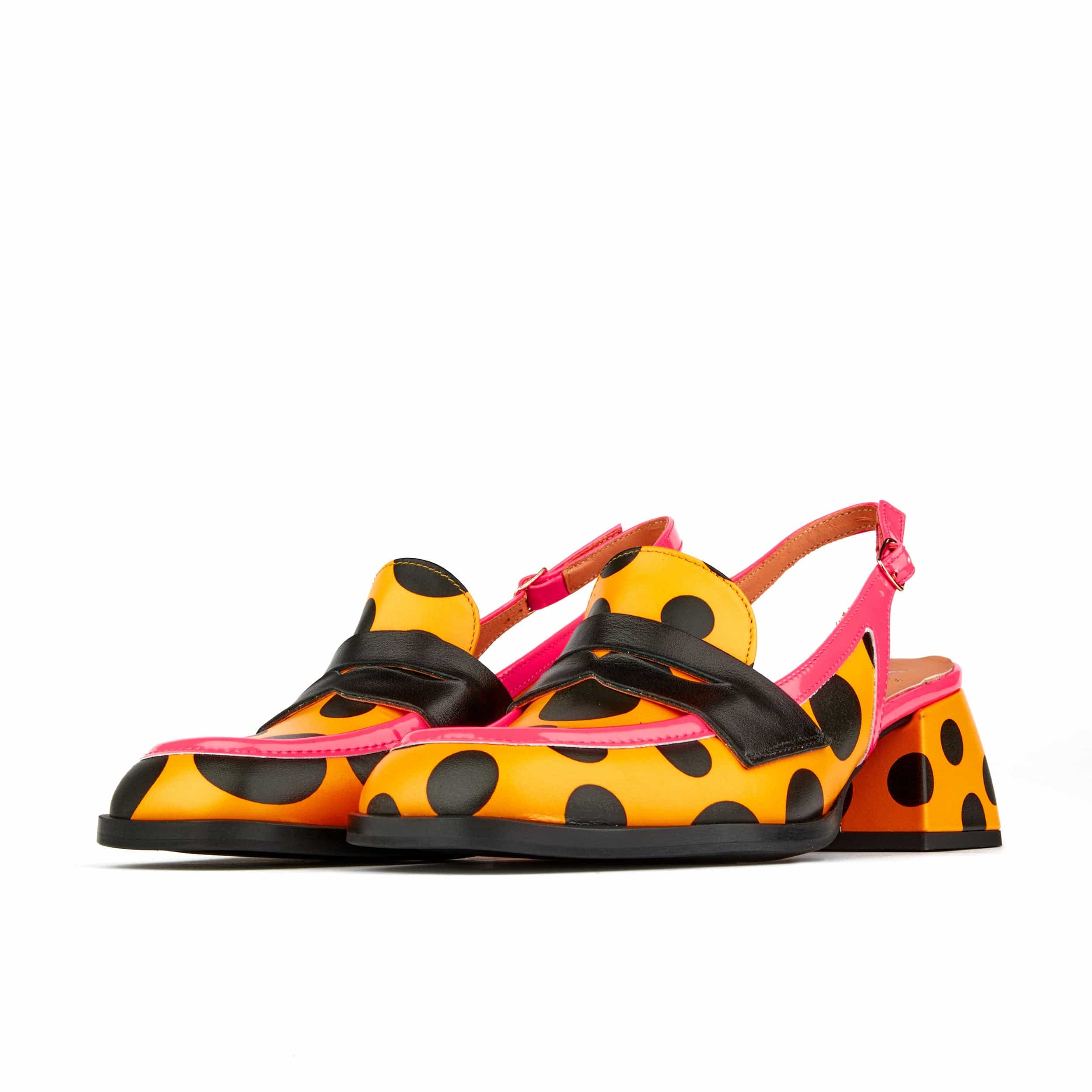 Diana - Black Orange Polka - Women's block heel slingback leather pump