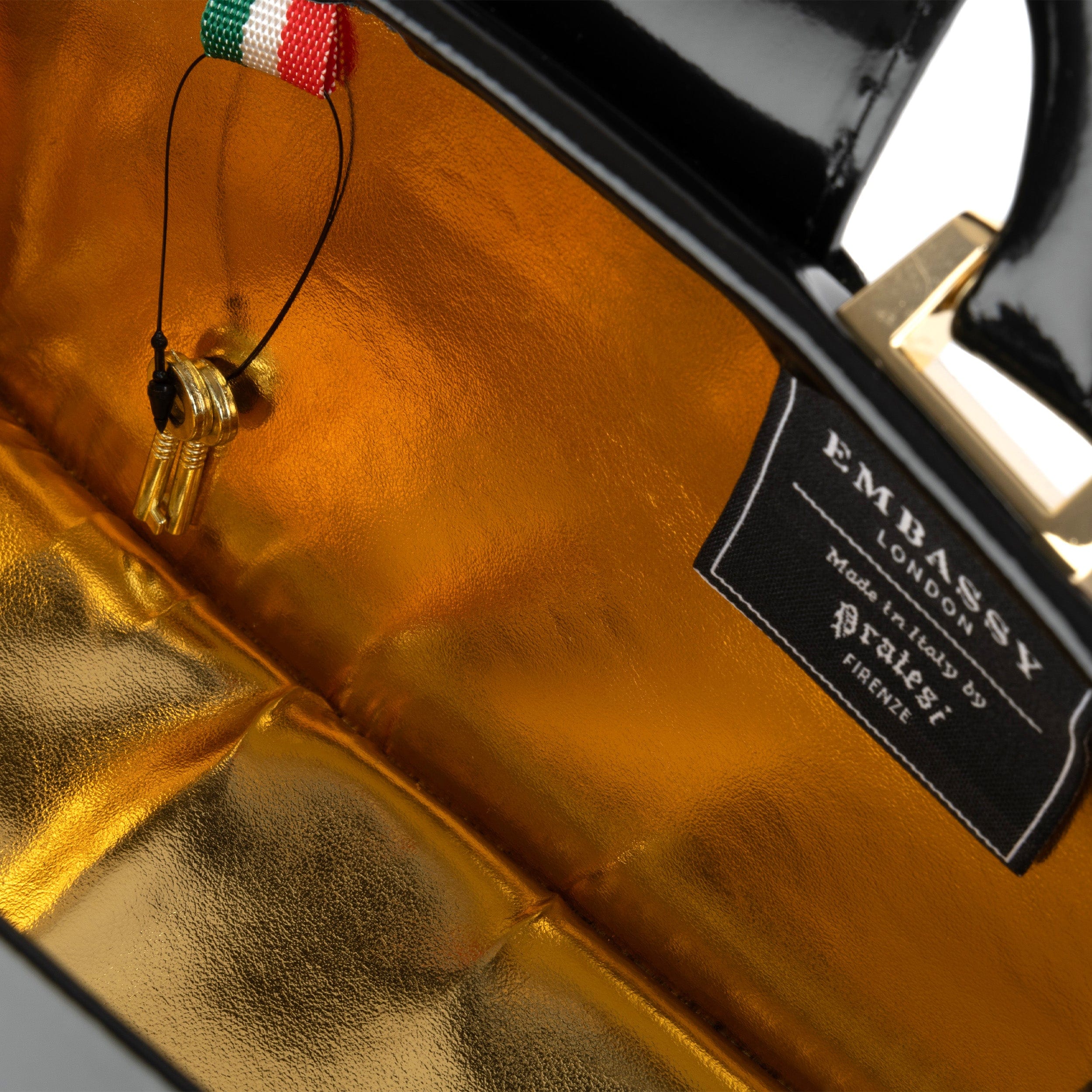 Gazelle Mini - Gold & Black - Women's mini patent bowling bag with handle and strap