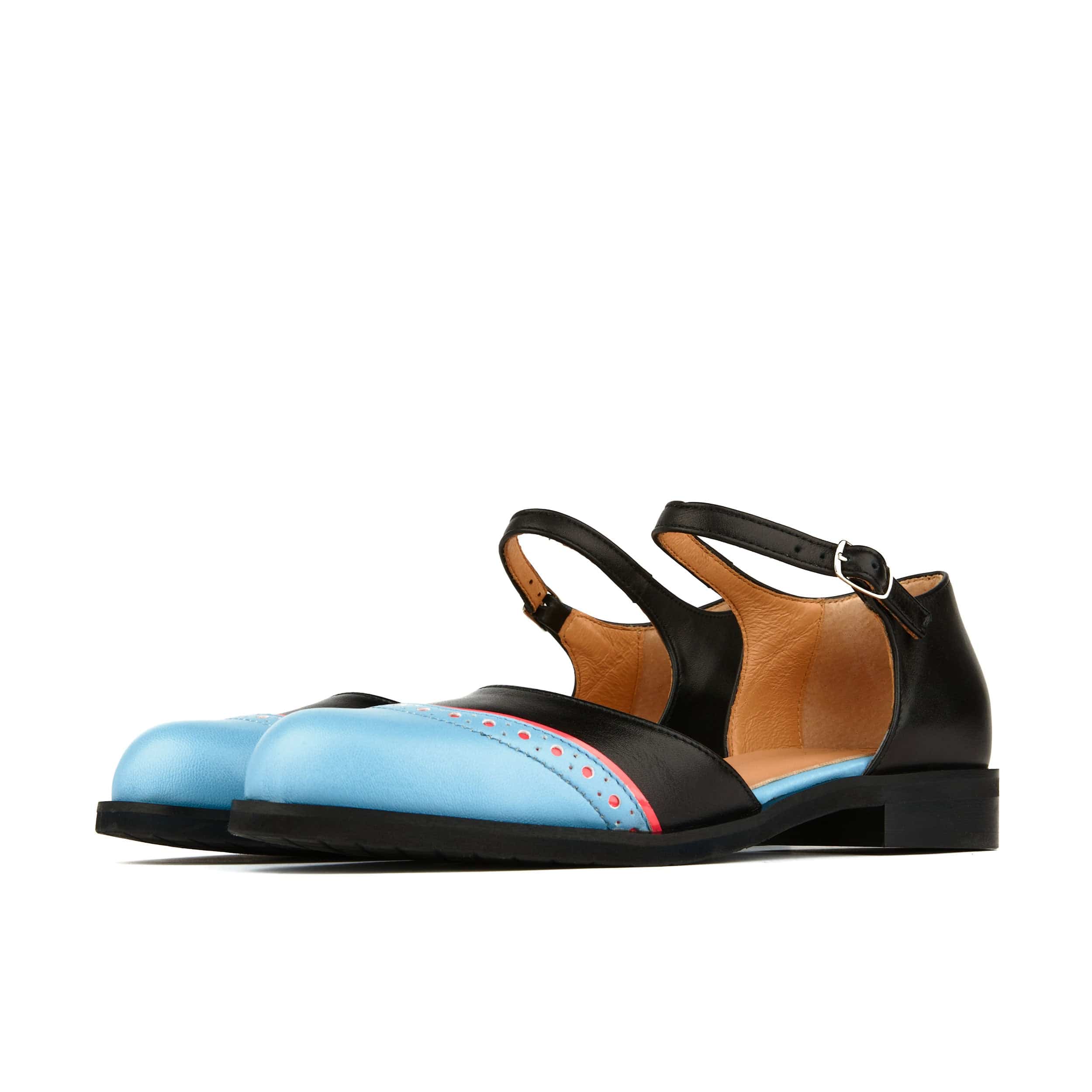 Gigot - Black & Aqua - Women's closed heel and round toe leather flat sandal
