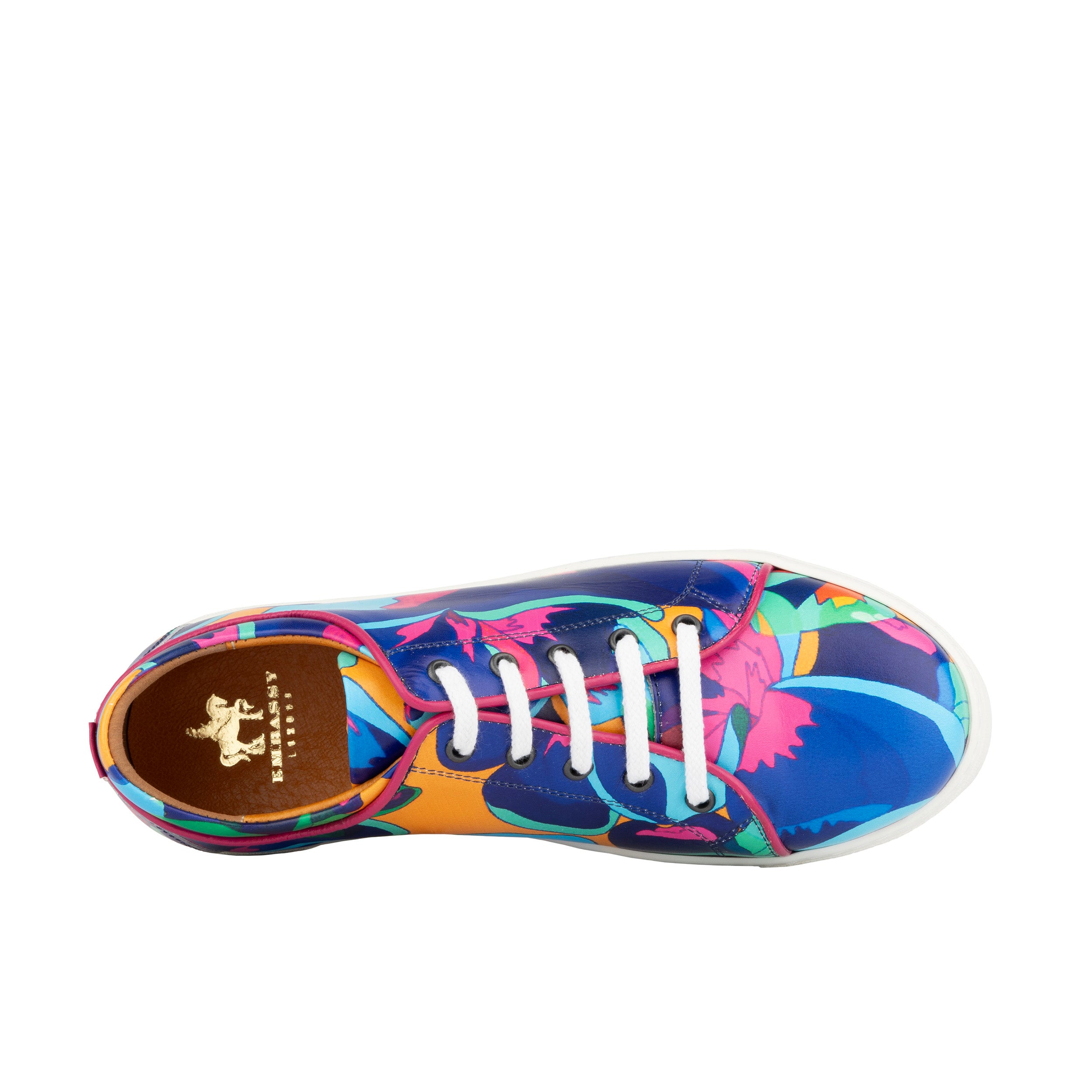 Camila - Blue & Pink Jungle - Women's platform sole leather lace-up trainer