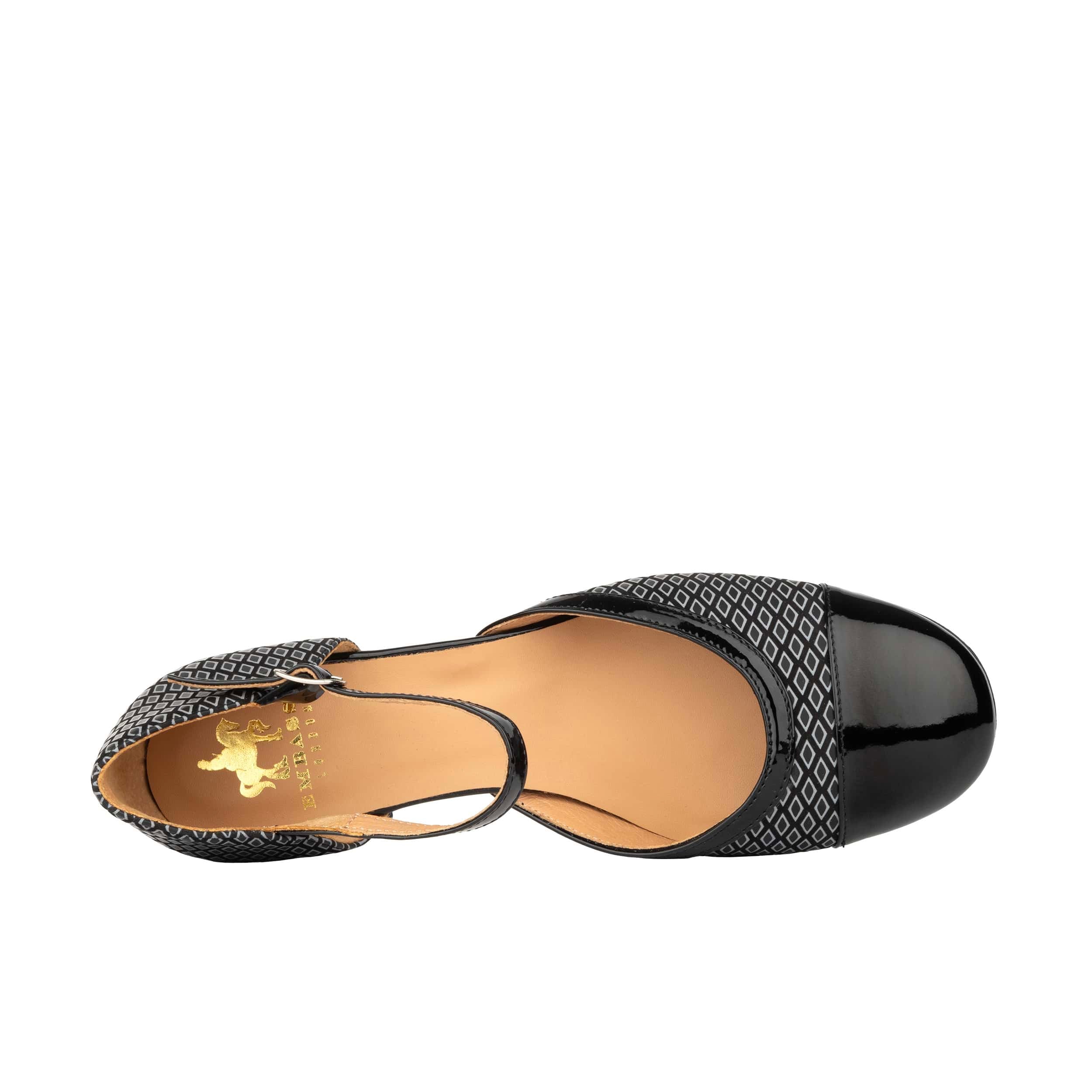 Kemi - Black & Grey Diamonds - Women's Leather Almond-Toe Block Heel