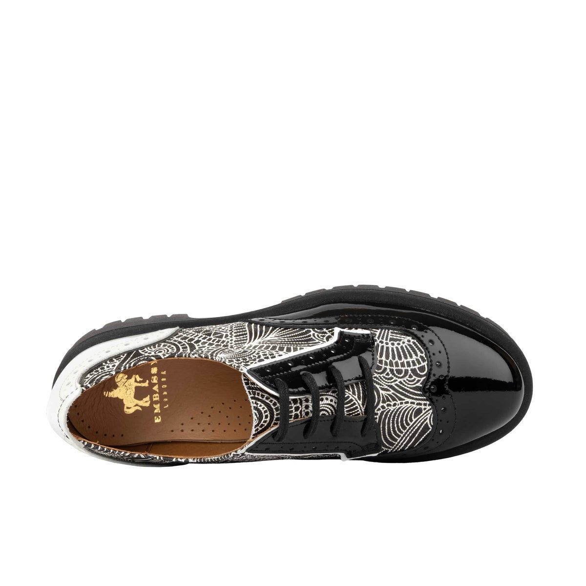 Artisan - Black & White & Graphic Print - Women's Leather Lace-up Shoe with Brogue Detailing