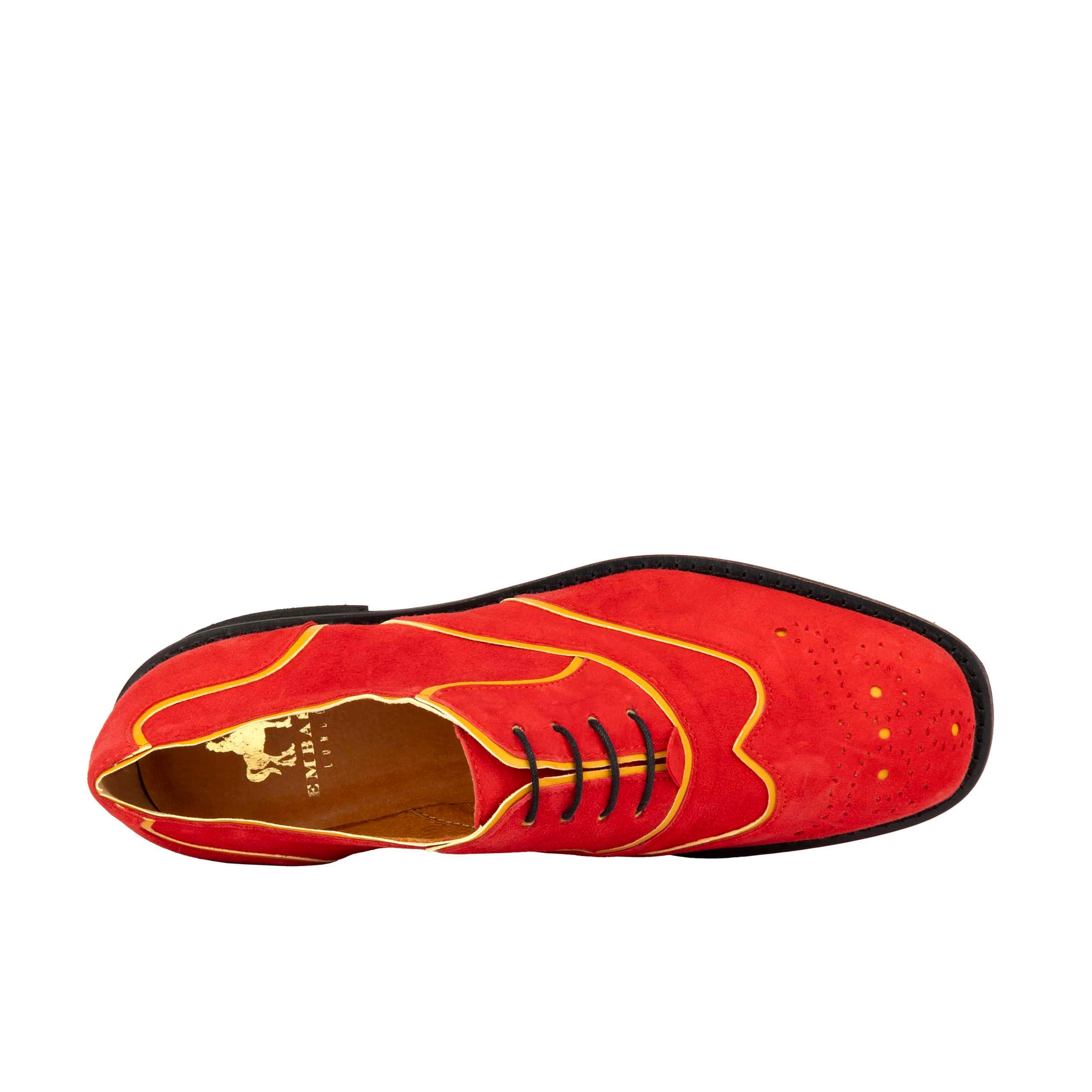 Sun - Red & Yellow - Women's Suede Wingtip Oxford Brogue with Contrast Piping