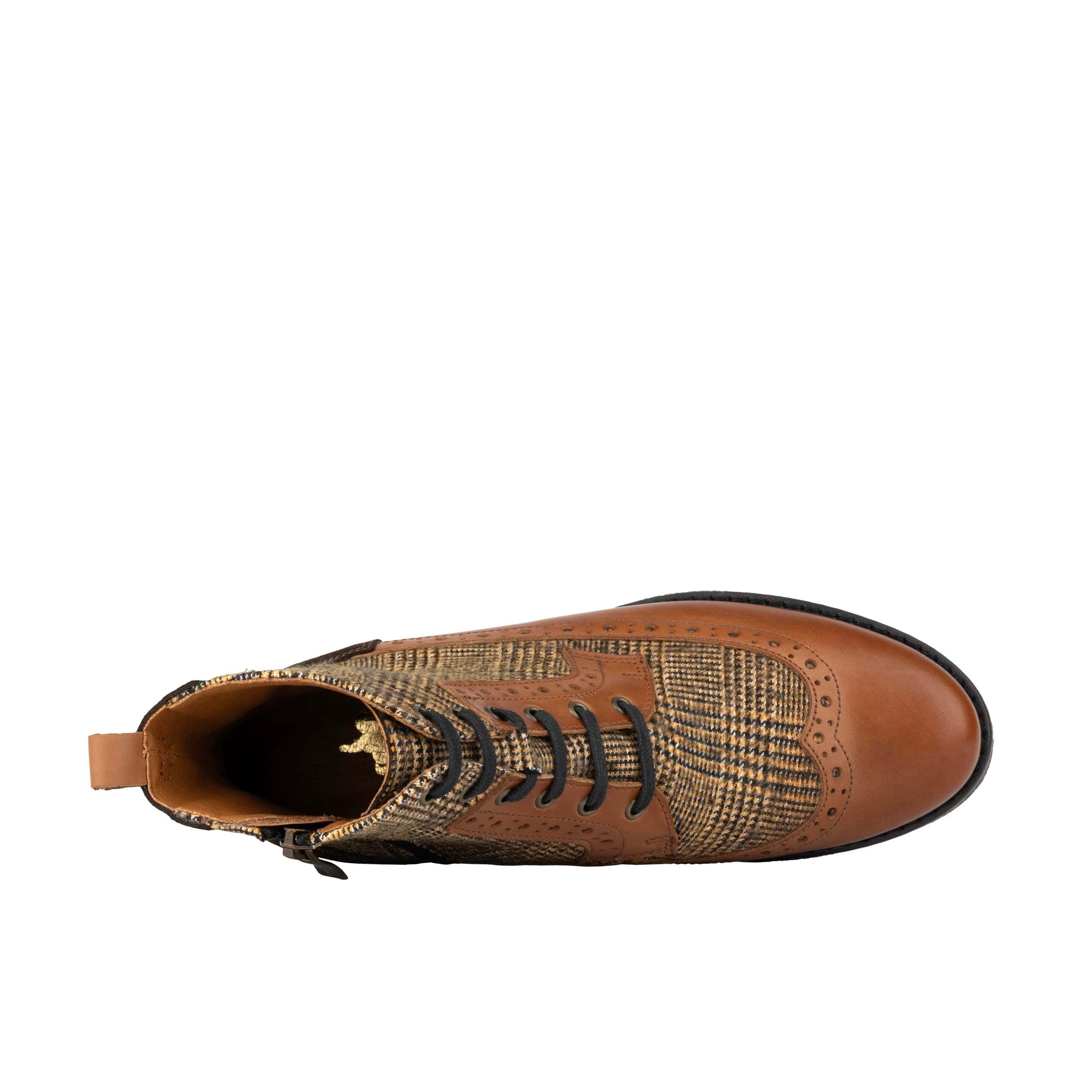 Hatter - Tan & Brown Check - Women's Leather Ankle Lace-up Boot with check details