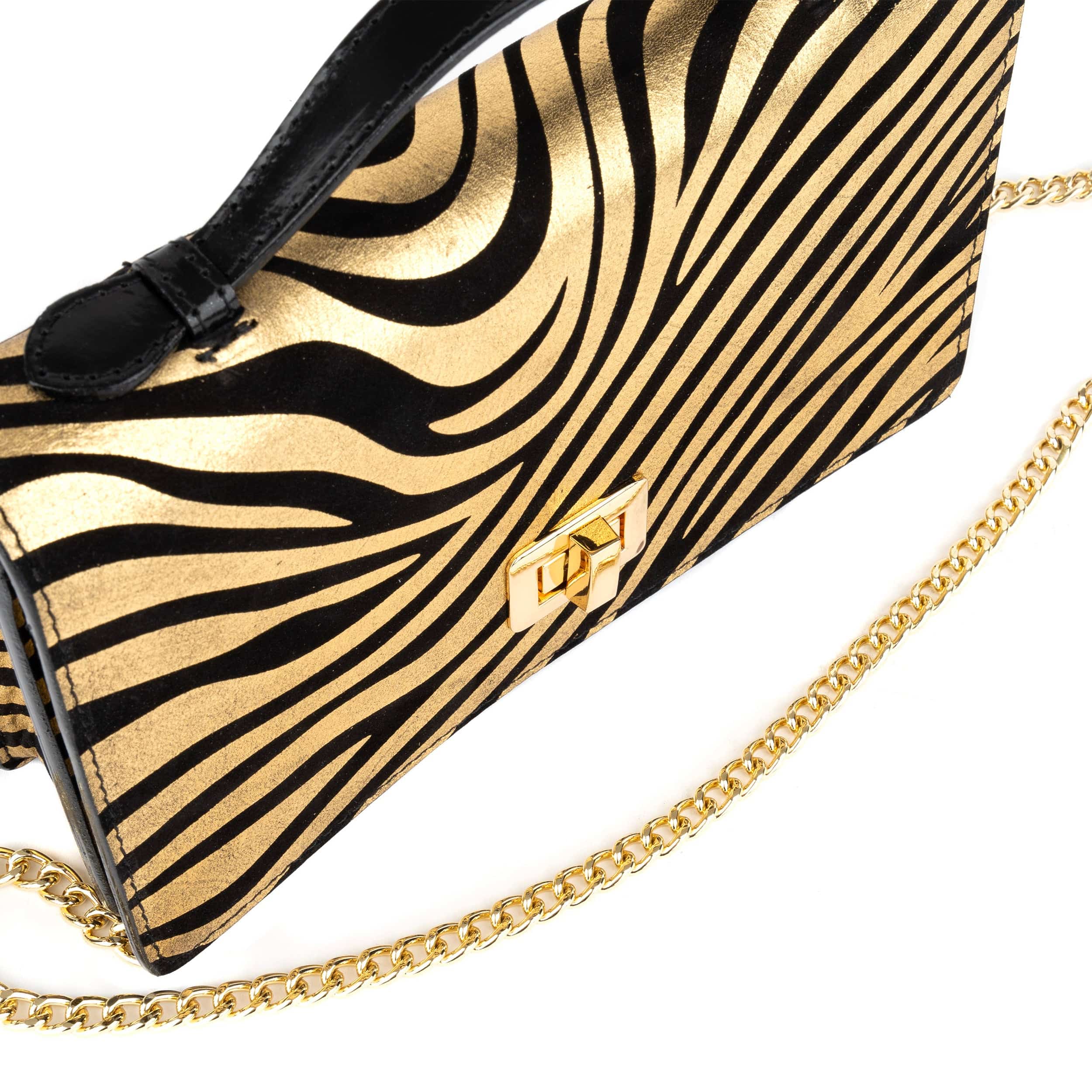 Envy - Black & Gold Stripes - Women's leather flap clutch bag with strap