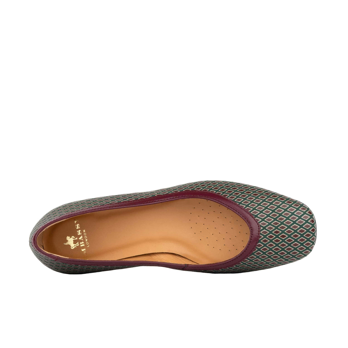 Nirvana - Burgundy & Green Diamond - Womens leather block heel ballerina pumps