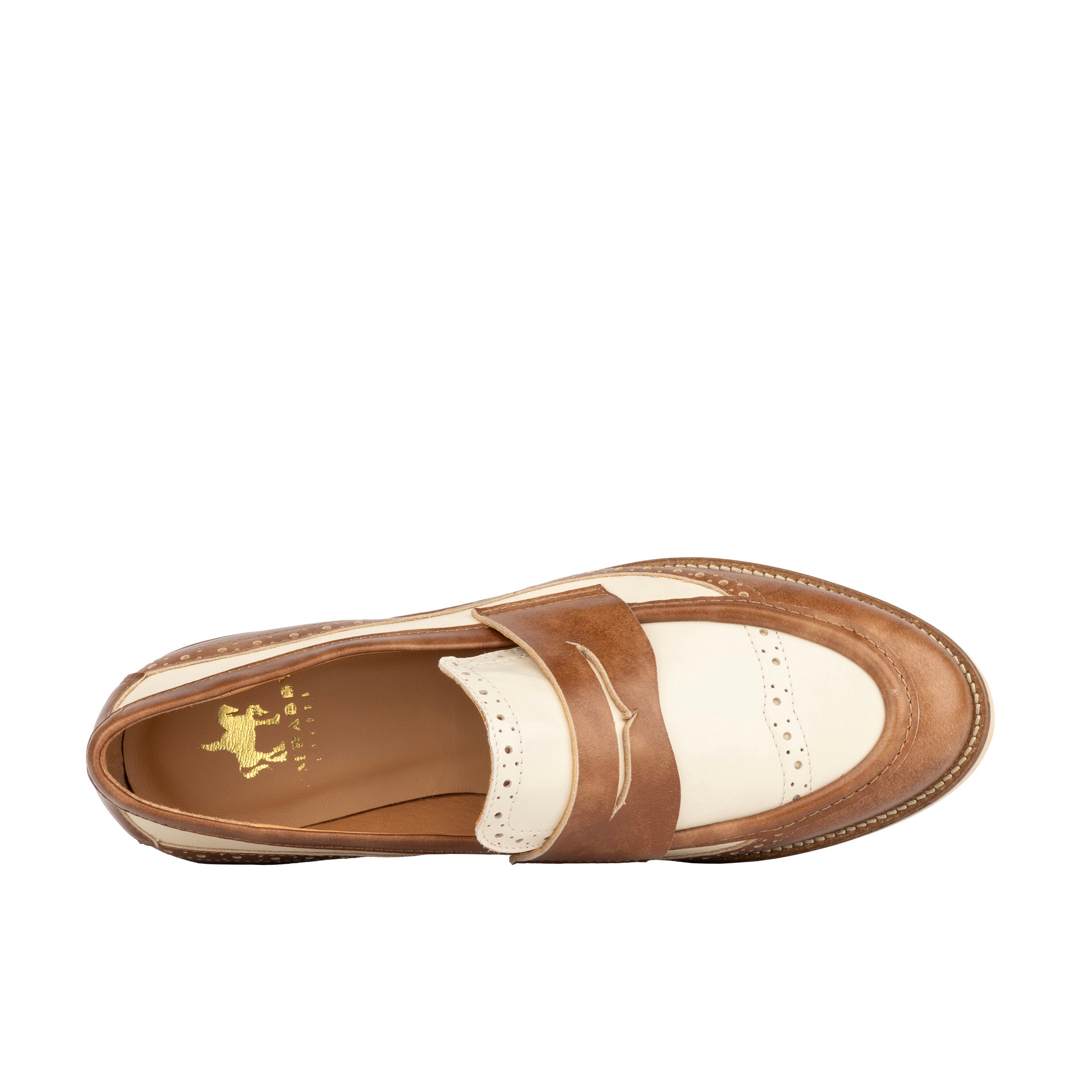 Angelina - Tan & Cream - Women's leather almond toe penny loafer with broguing