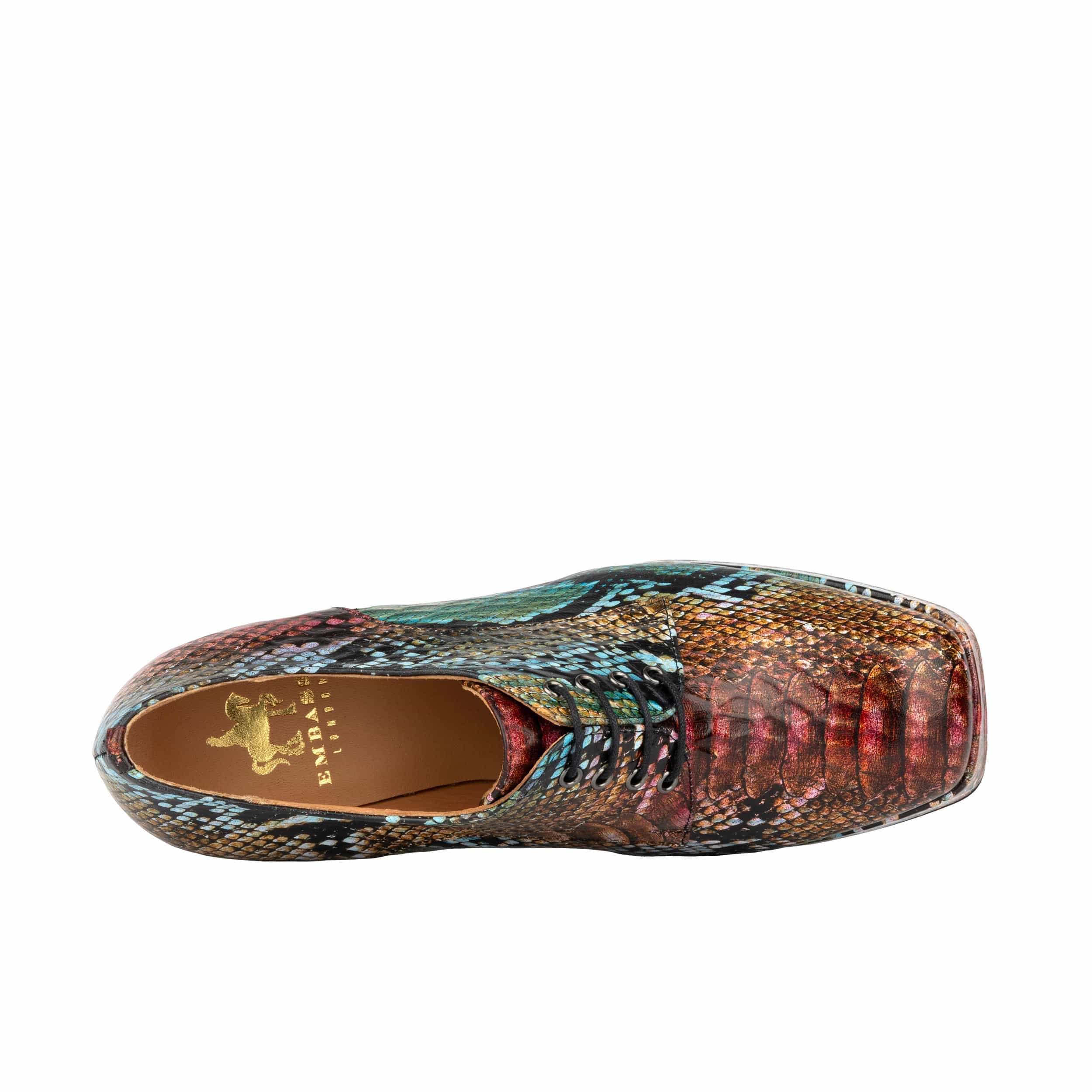 Roulette Platform - Green & Brown Snake - Women's leather oxford pump with platform and block heel