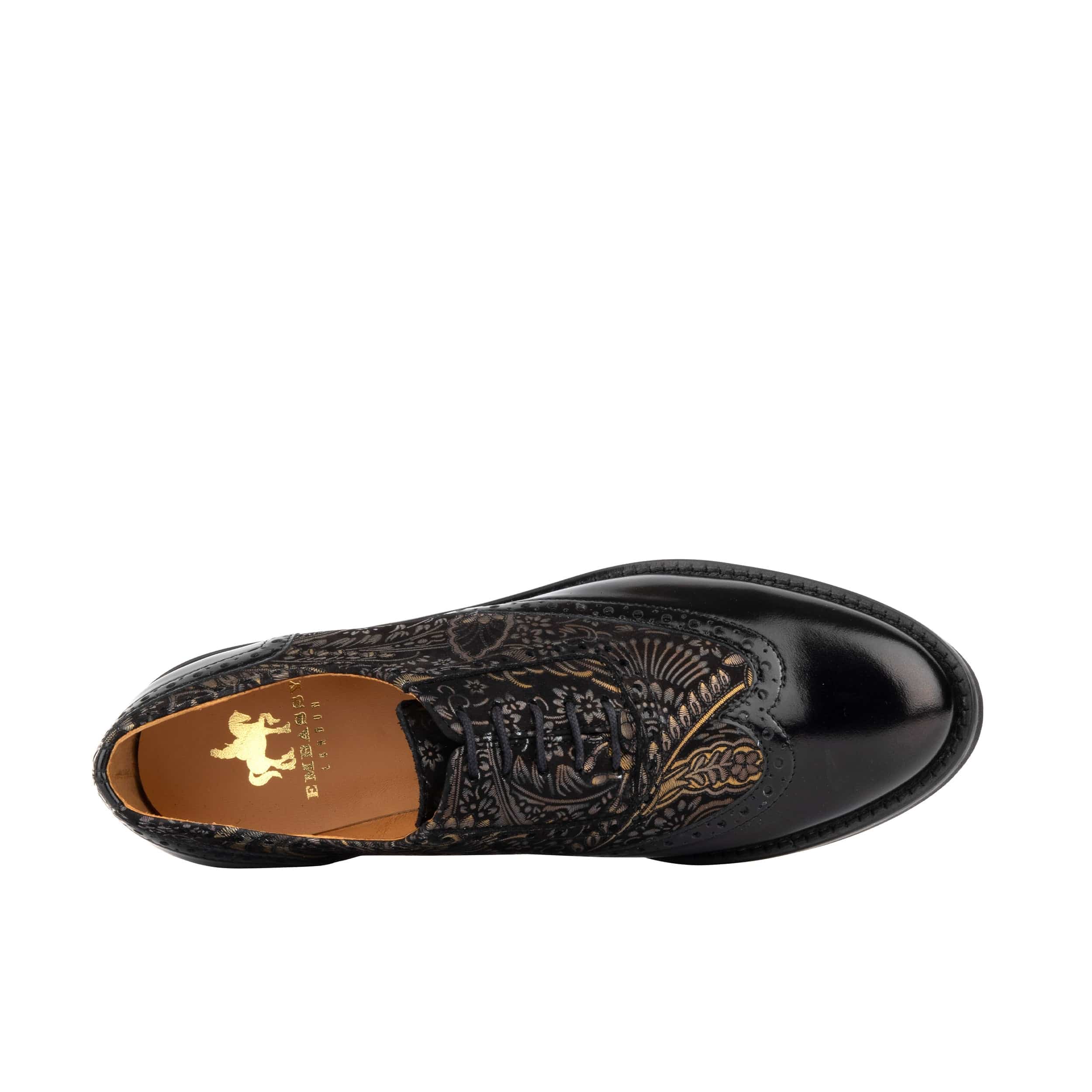 Vivienne - Black & Gold - Women's oxford lace-up shoe with brogue details