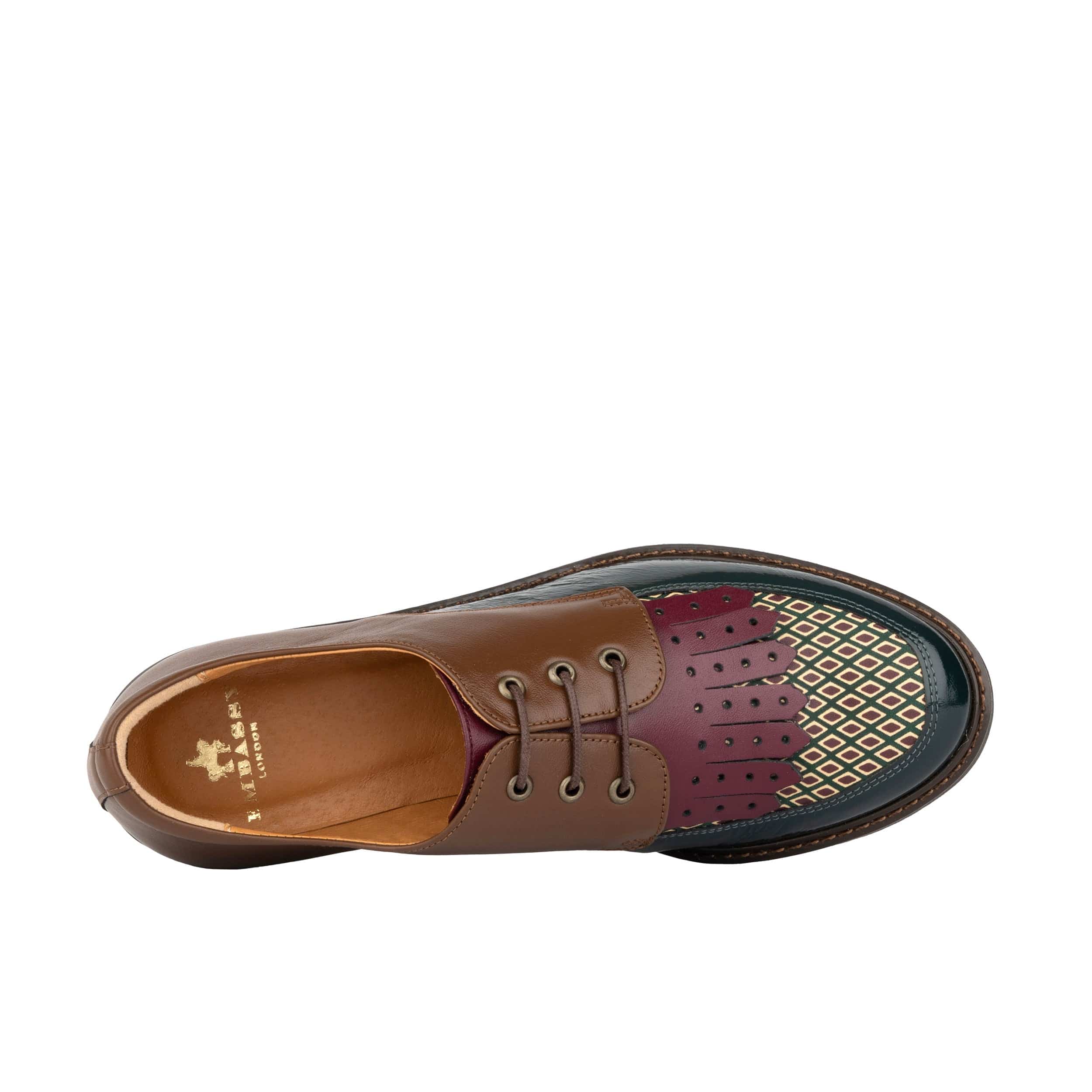 Retro Tone - Green & Brown & Purple - Women's Colour-block leather lace-up with signature kiltie detail