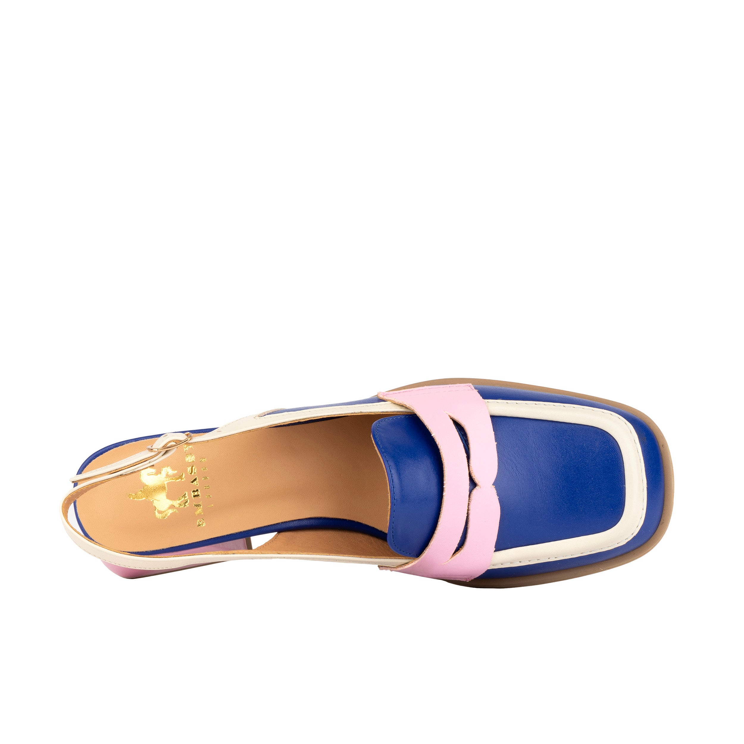 Diana - Blue & Cream & Pink - Women's block heel slingback leather pump