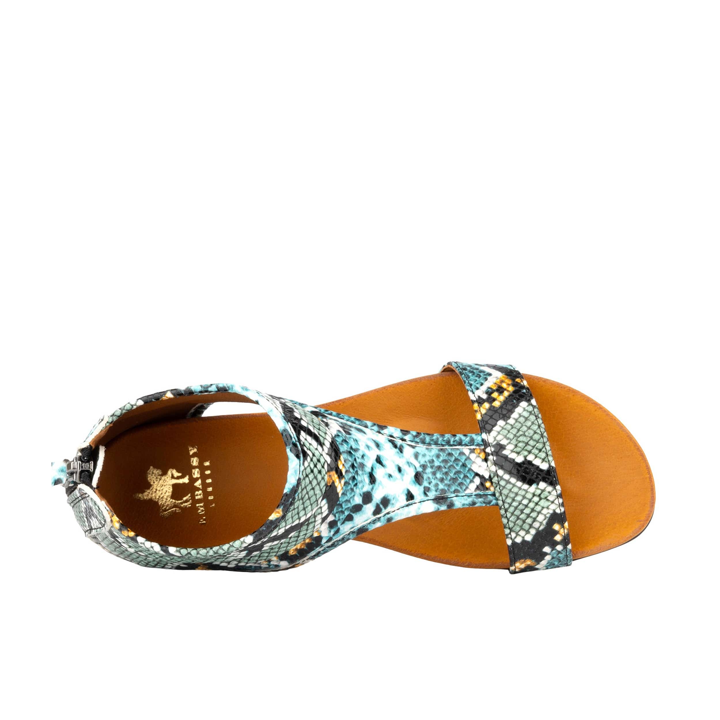 Downtown - Blue Snake - Women's flat T-bar sandal with covered heel