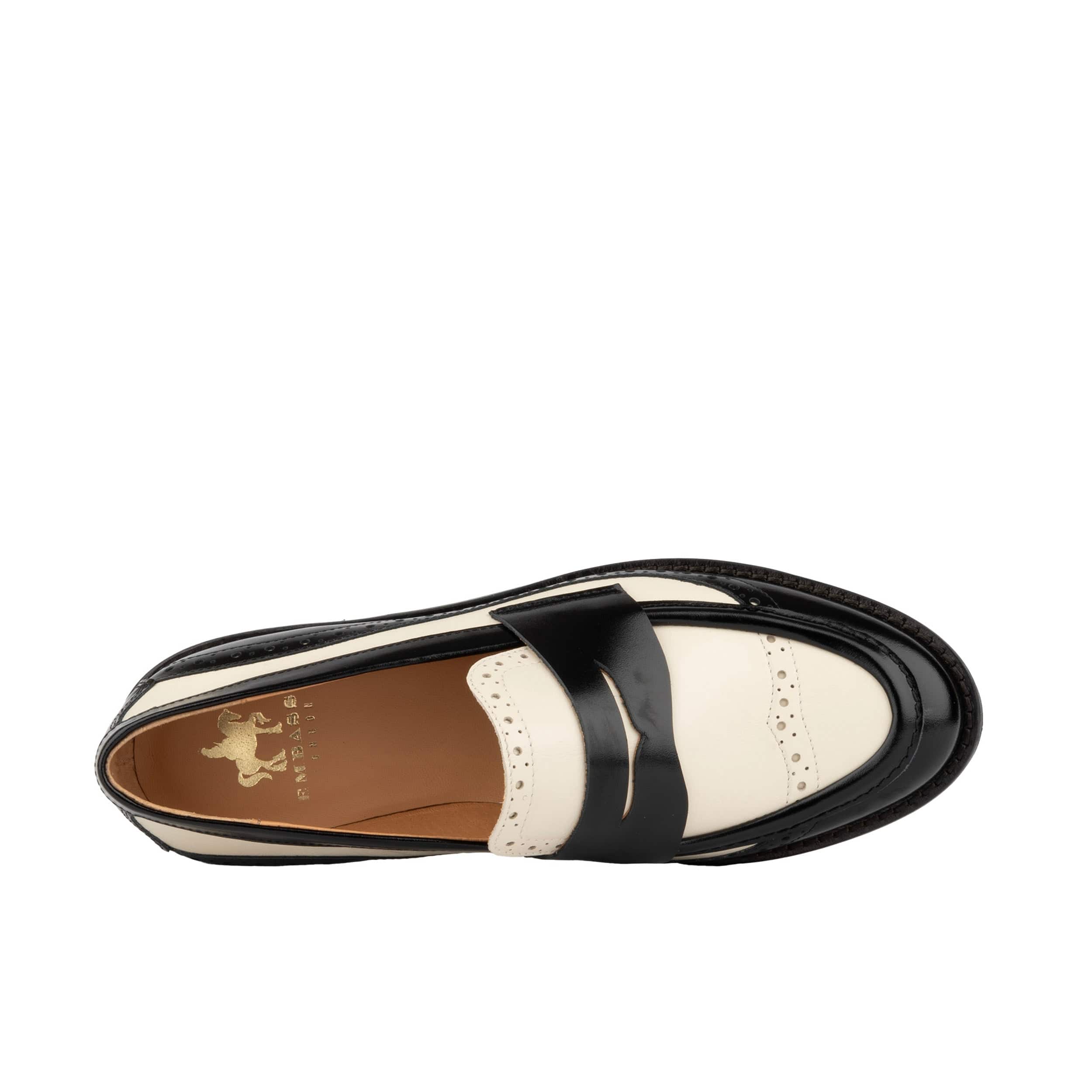 Angelina - Black & Cream - Women's leather almond toe penny loafer with broguing