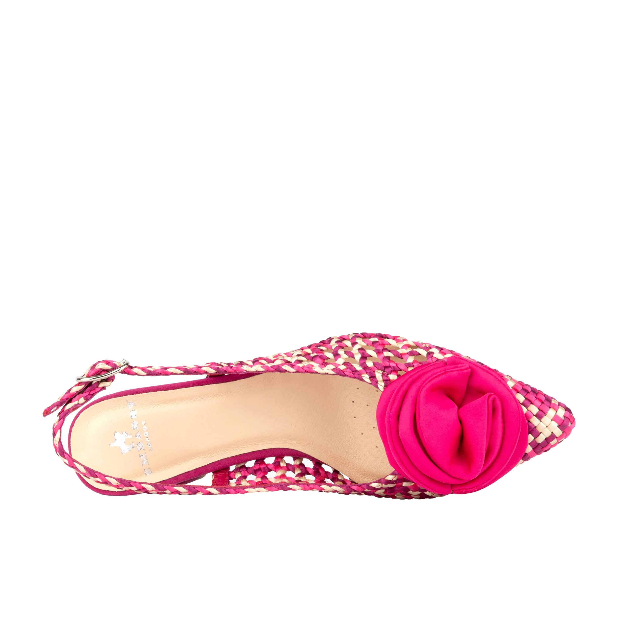 Velora - Pink - Women's mid heel sling back sandal with woven leather upper and satin bow