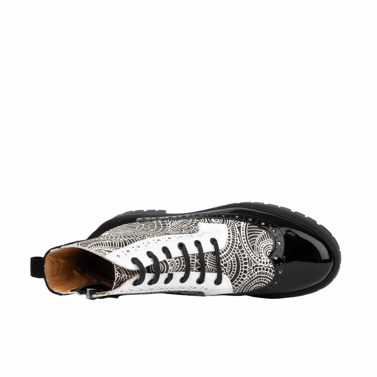 Hatter Platform - Black & White & Graphic Print - Women's Leather ankle Lace-up Boot with chunky cleated sole