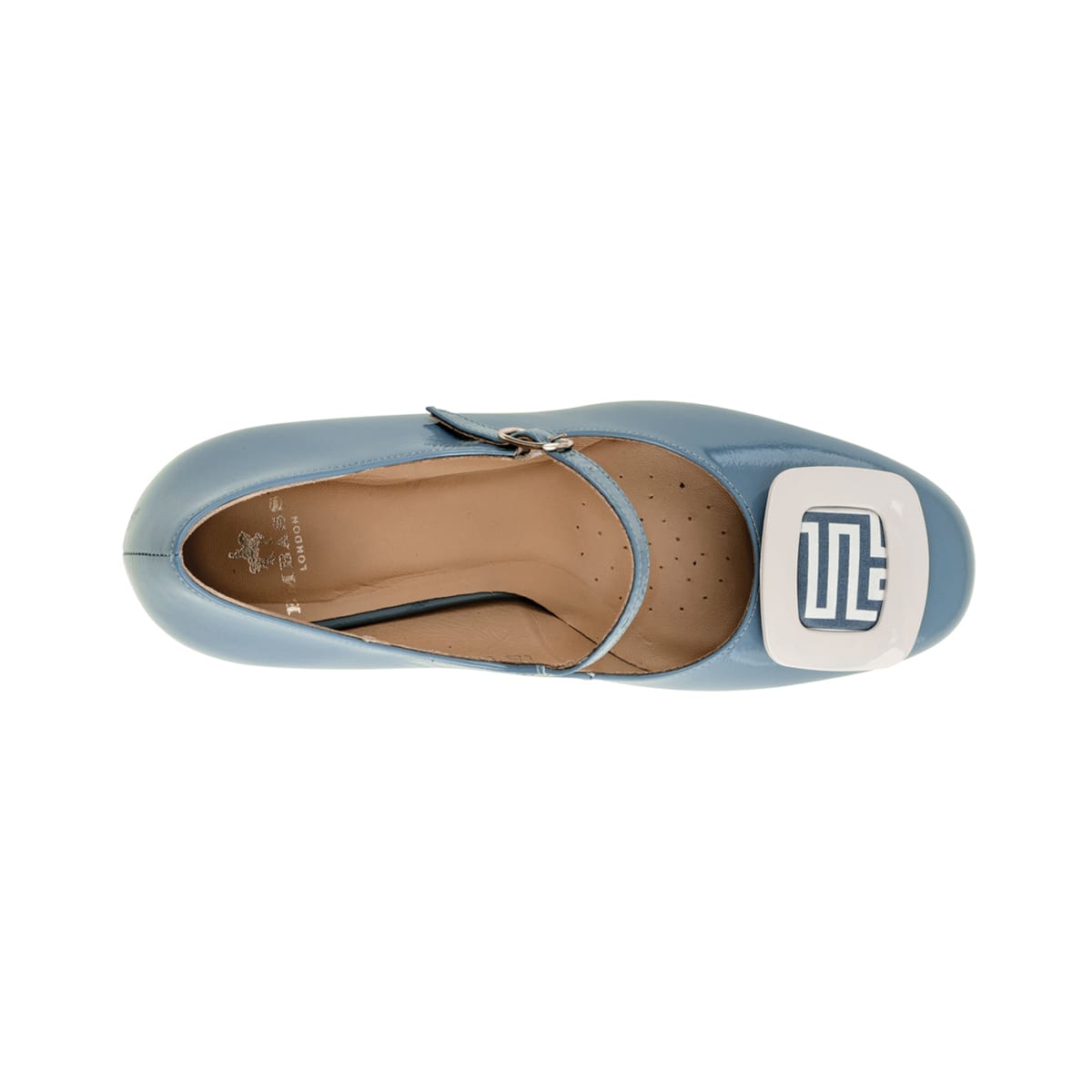 Button - Light Blue & Maze Print - Women's Leather Round-toe Mary Jane Pump with Block Heel