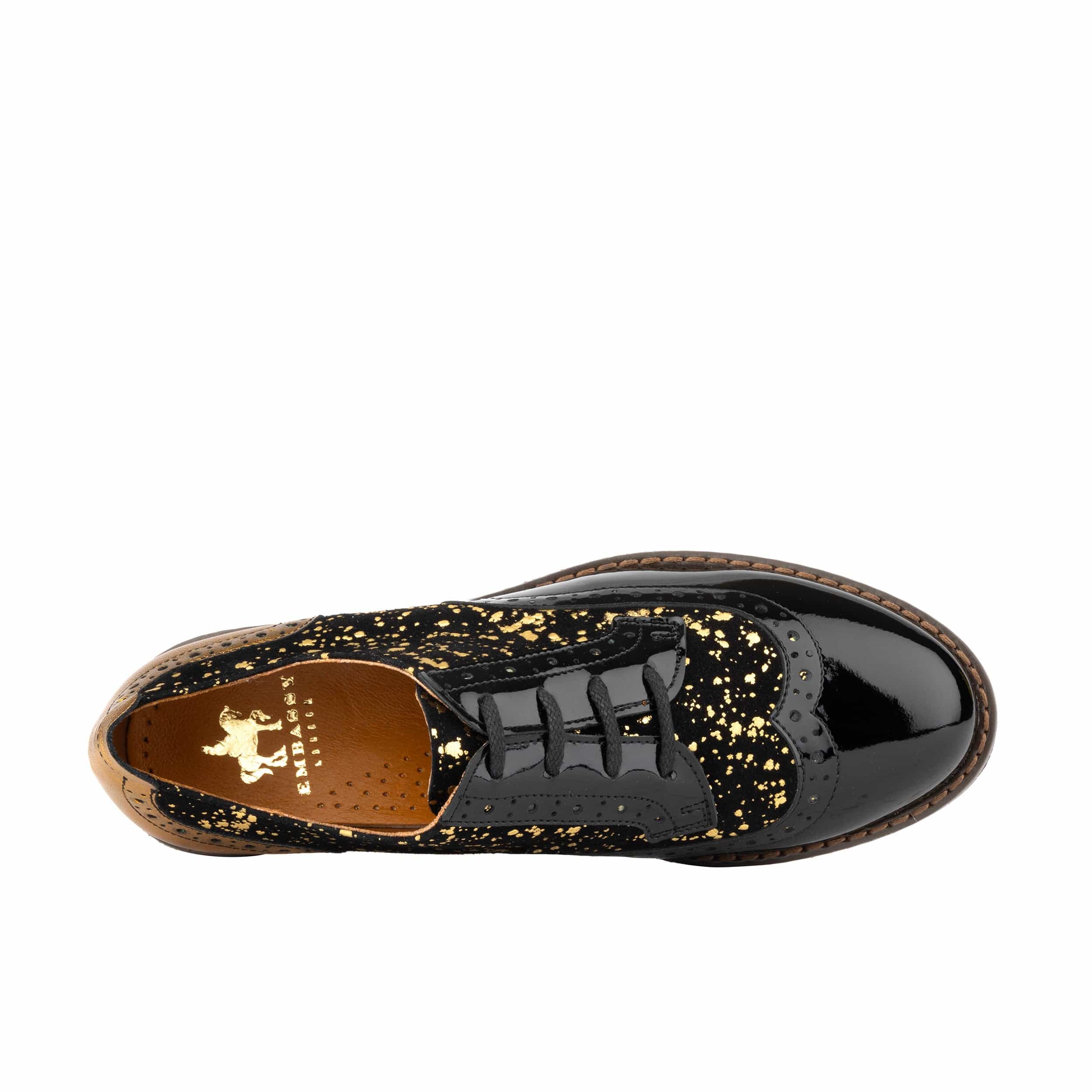The Artist - Black & Gold - Women's leather lace-up shoe with brogue detailing