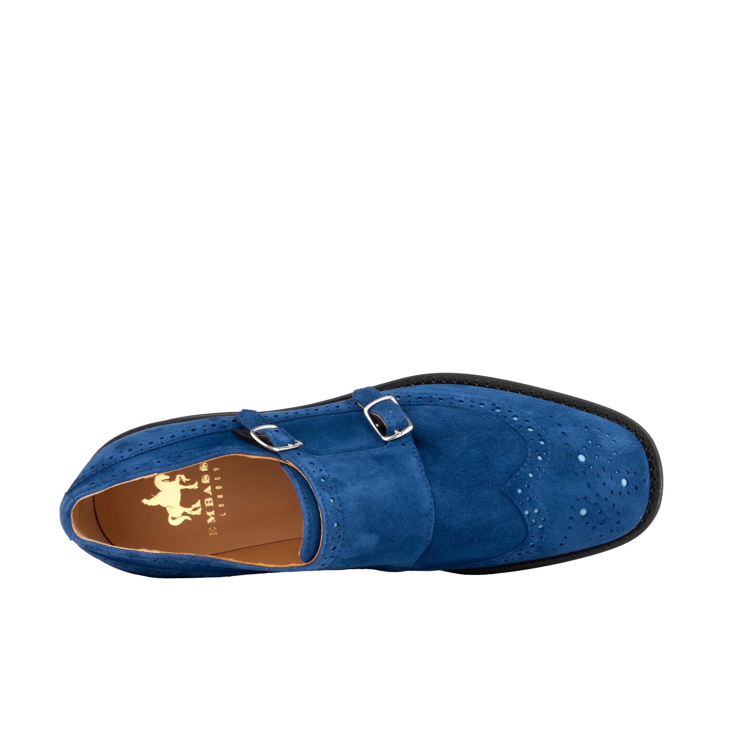 Windsor - Blue - Women's blue suede leather monk shoe with brogue detailing