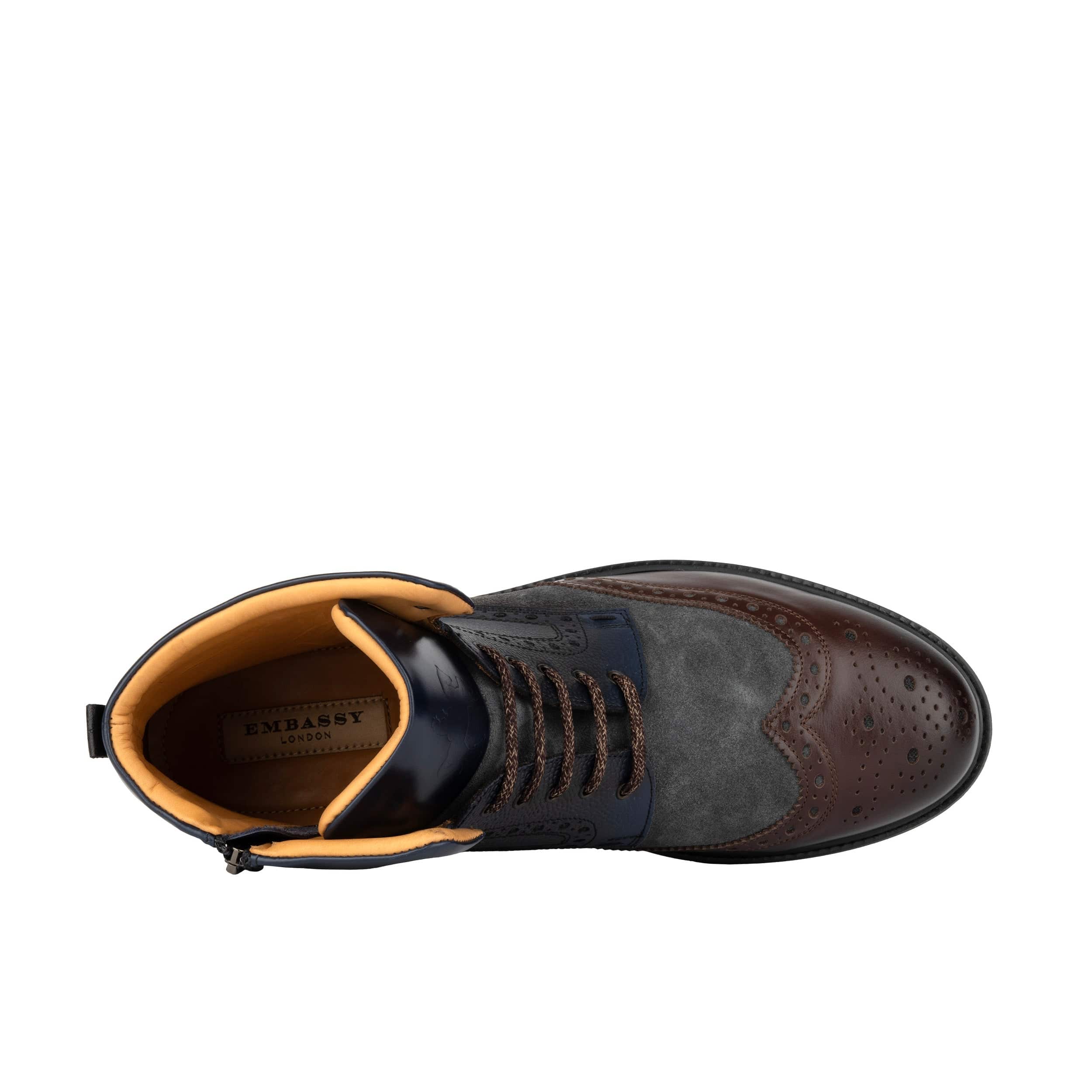 Wanderer - Navy & Grey & Burgundy - Men's leather combat style side zipper boot in brown